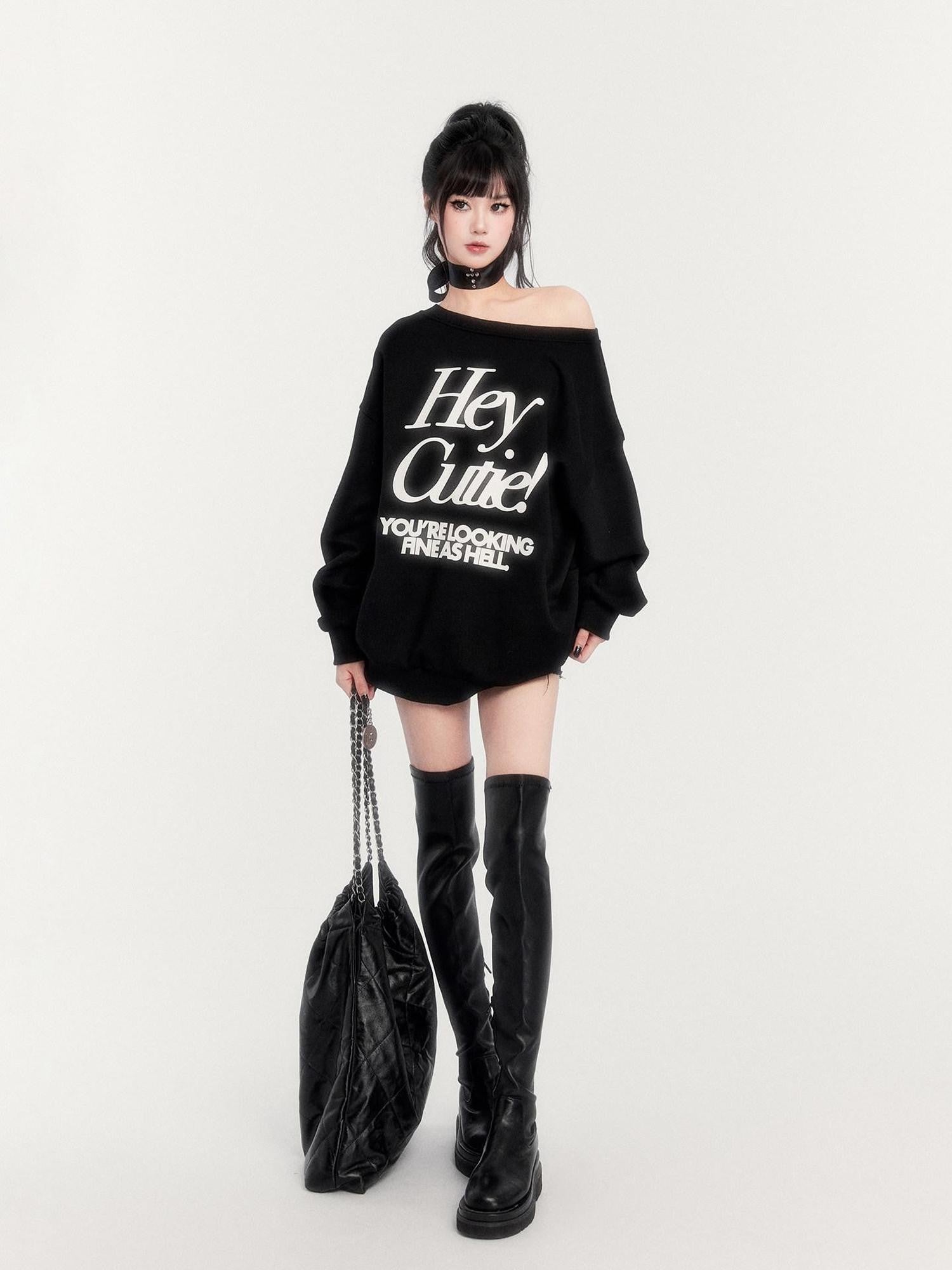VOCK Loose Fleece Printed Off Shoulder Women's Polyester Cotton Long Sleeve T-shirts