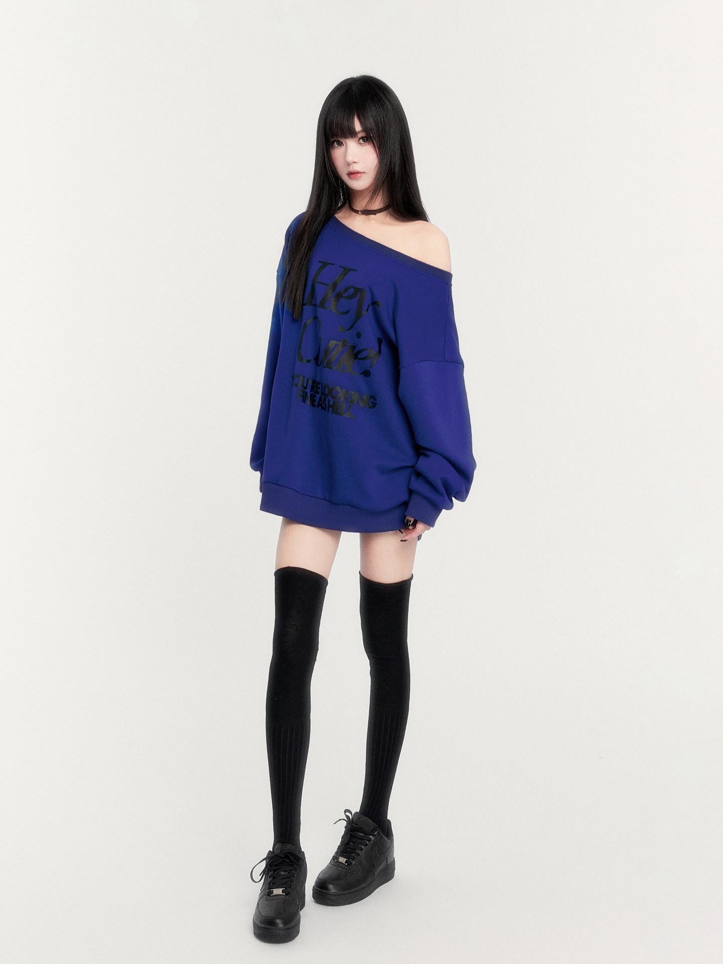 VOCK Loose Fleece Printed Off Shoulder Women's Polyester Cotton Long Sleeve T-shirts