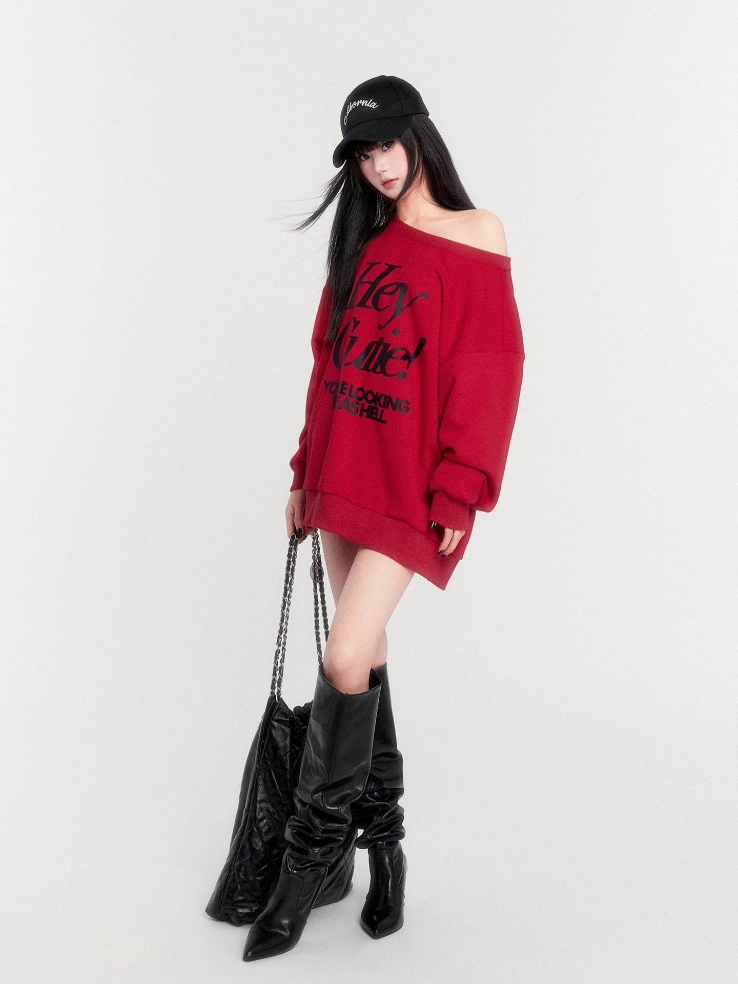 VOCK Loose Fleece Printed Off Shoulder Women's Polyester Cotton Long Sleeve T-shirts