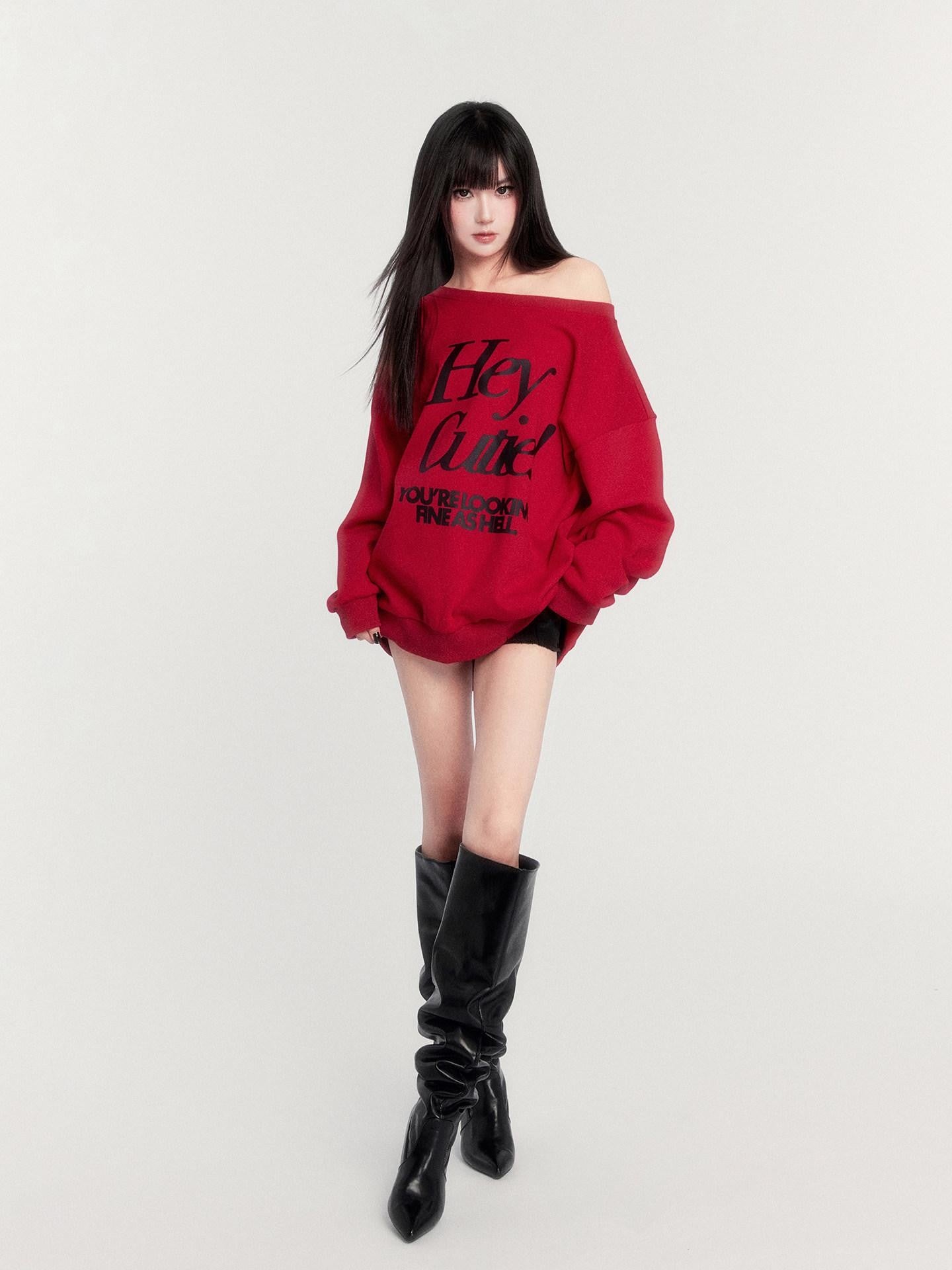 VOCK Loose Fleece Printed Off Shoulder Women's Polyester Cotton Long Sleeve T-shirts