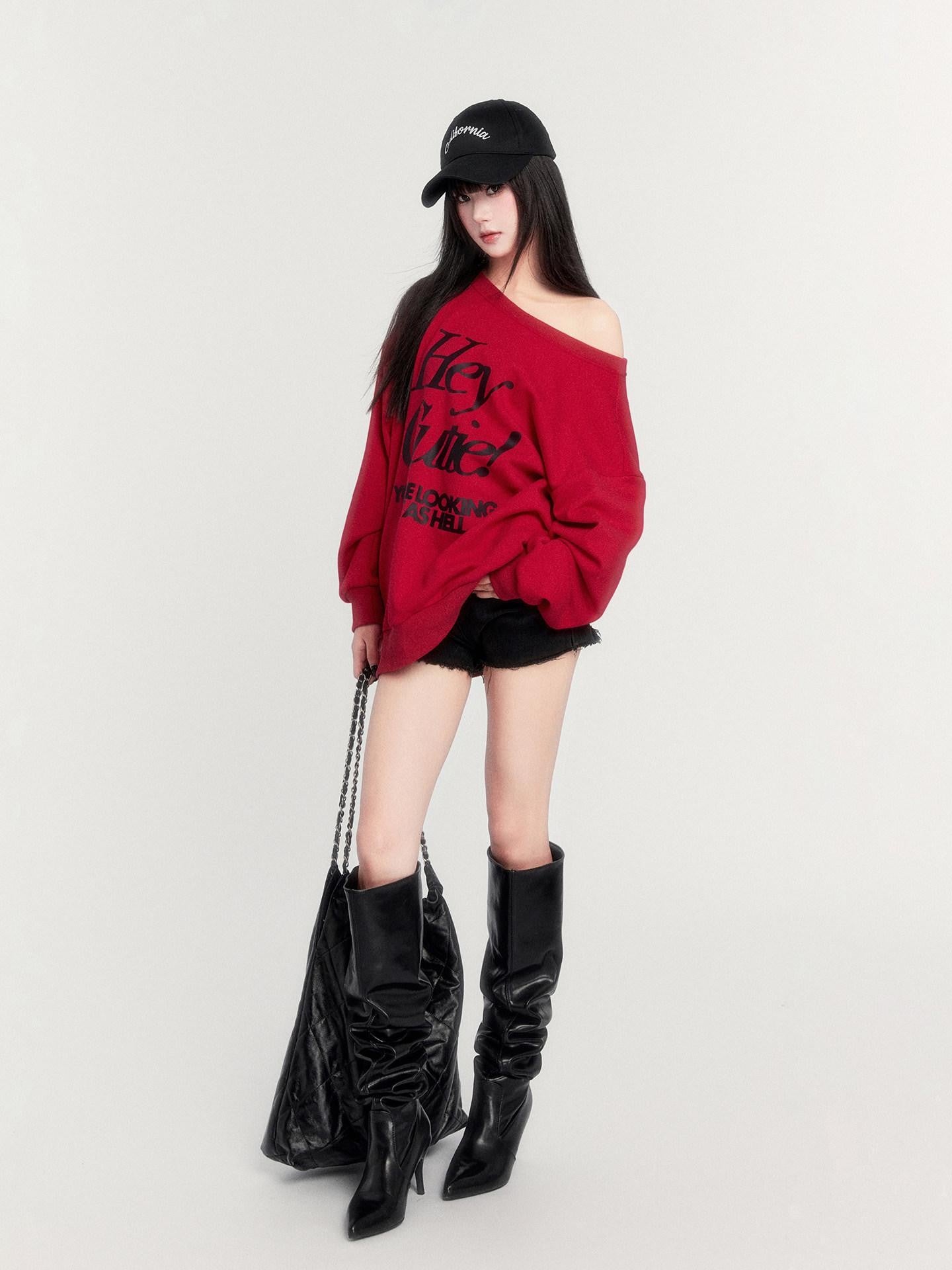 VOCK Loose Fleece Printed Off Shoulder Women's Polyester Cotton Long Sleeve T-shirts