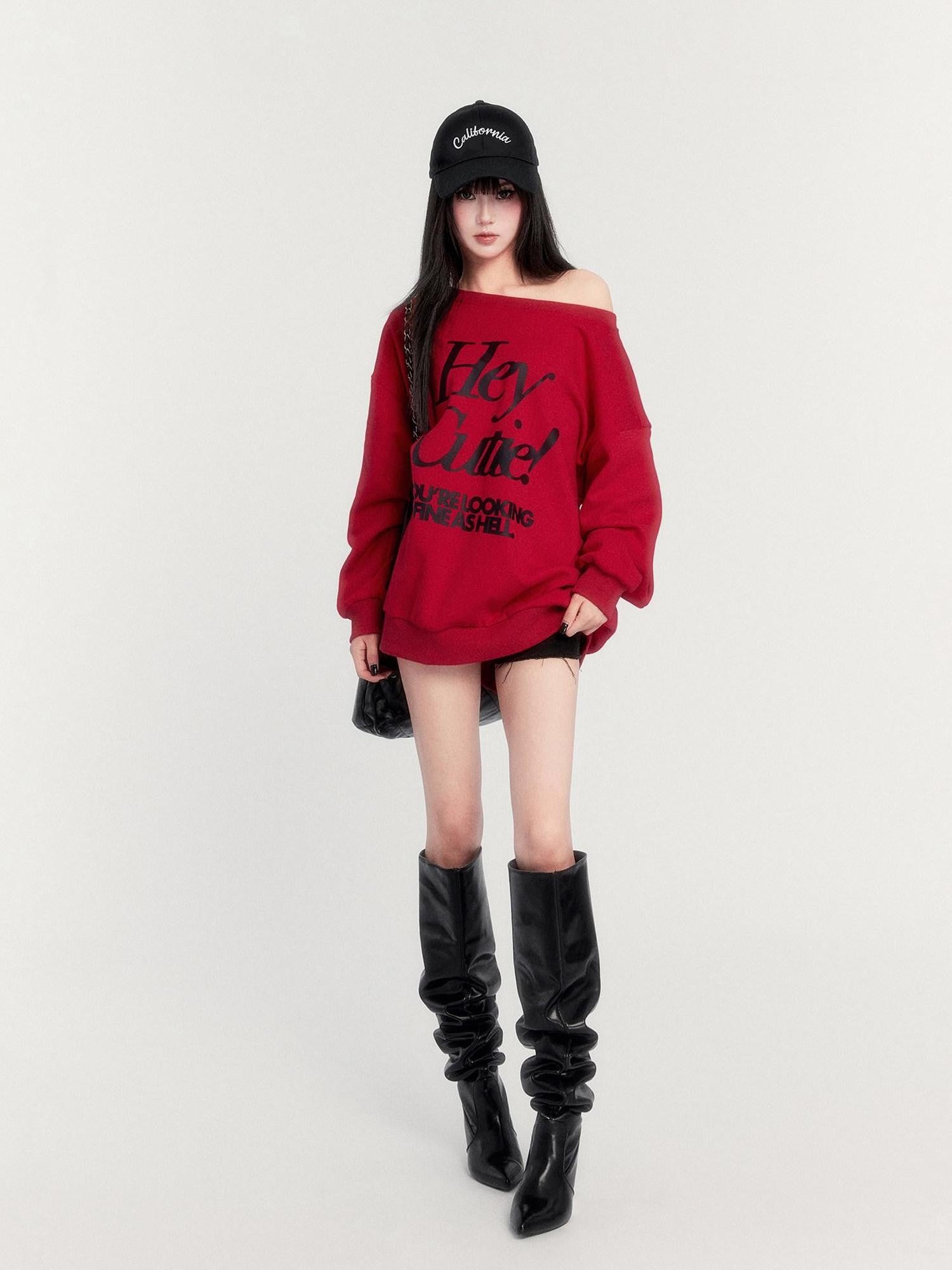 VOCK Loose Fleece Printed Off Shoulder Women's Polyester Cotton Long Sleeve T-shirts