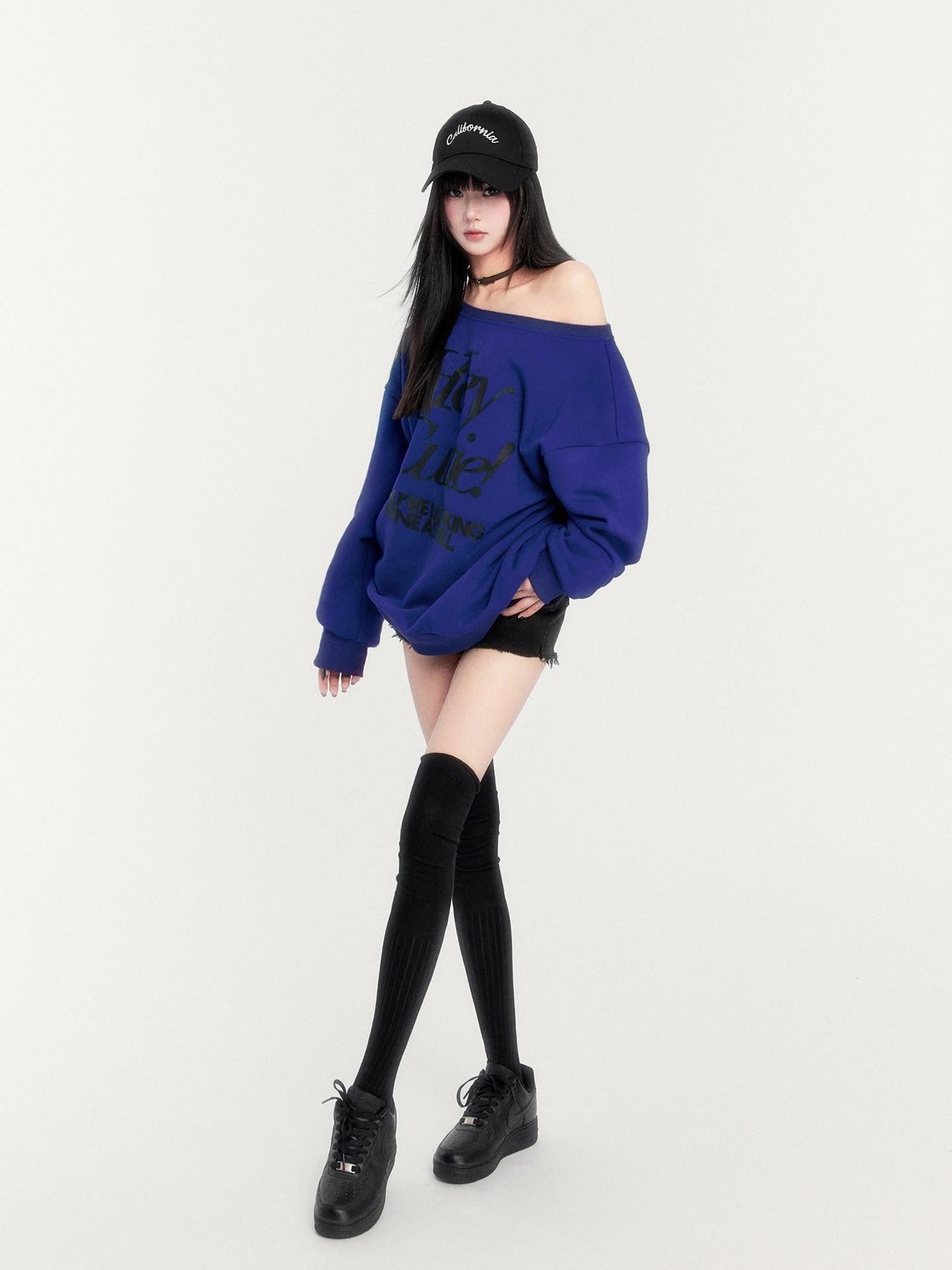 VOCK Loose Fleece Printed Off Shoulder Women's Polyester Cotton Long Sleeve T-shirts