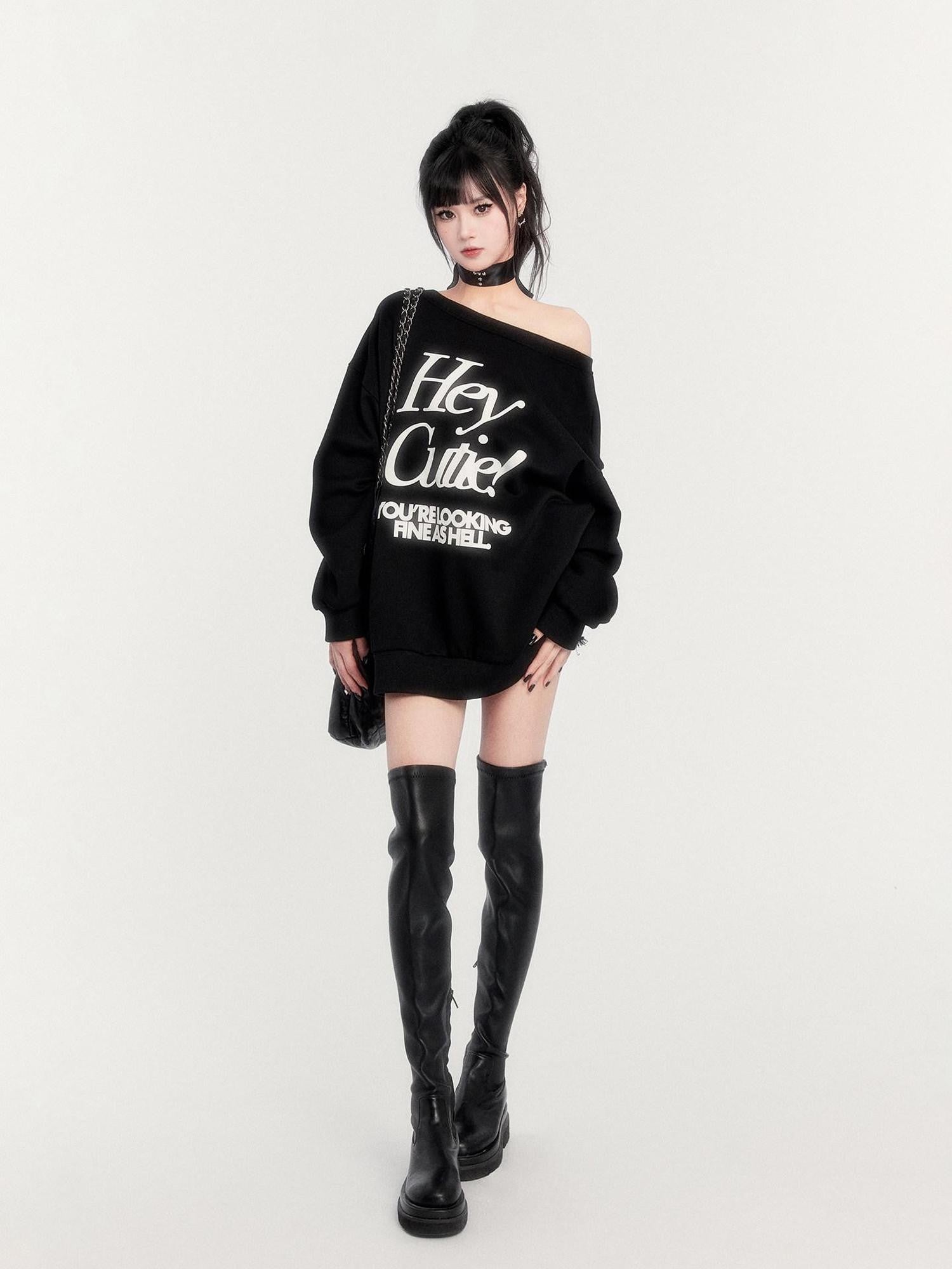 VOCK Loose Fleece Printed Off Shoulder Women's Polyester Cotton Long Sleeve T-shirts