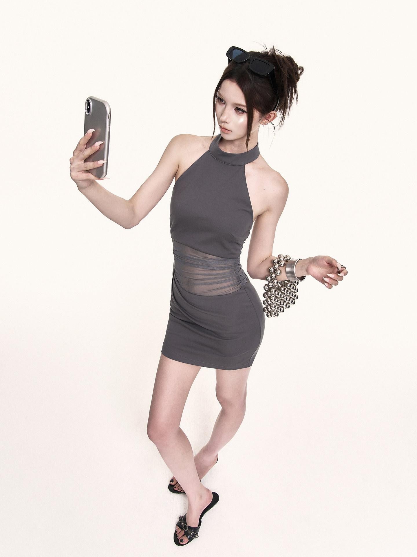 VOCK Mesh Splice Halter Fitted Women's Cotton Blend Knit Bodycon Mini Dresses