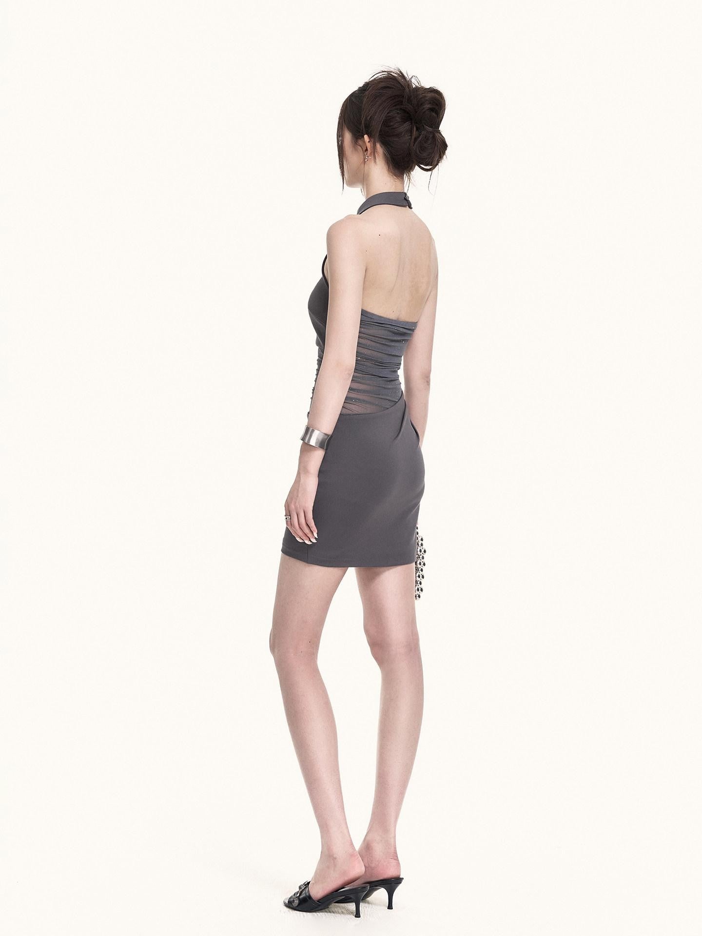 VOCK Mesh Splice Halter Fitted Women's Cotton Blend Knit Bodycon Mini Dresses