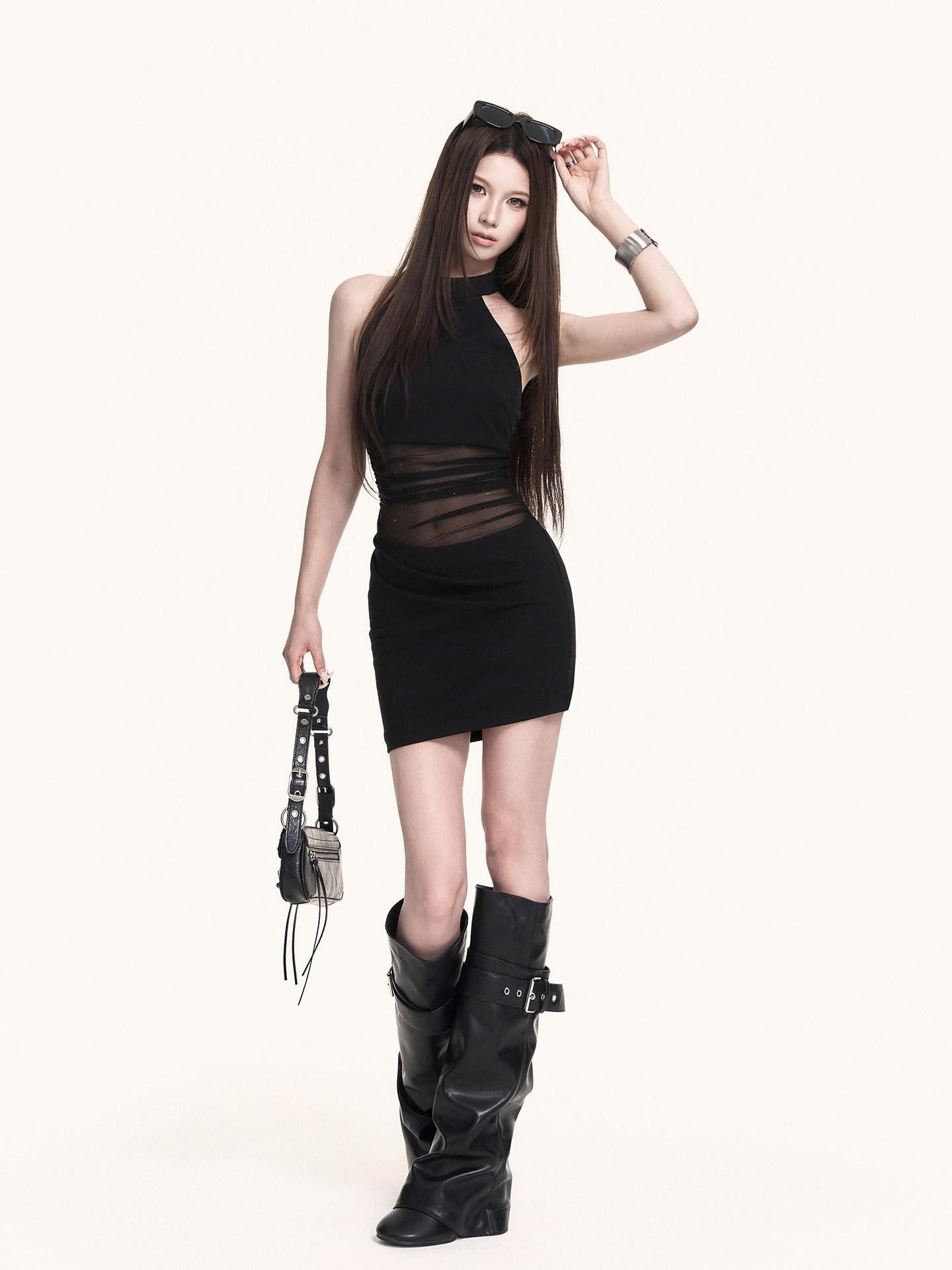 VOCK Mesh Splice Halter Fitted Women's Cotton Blend Knit Bodycon Mini Dresses
