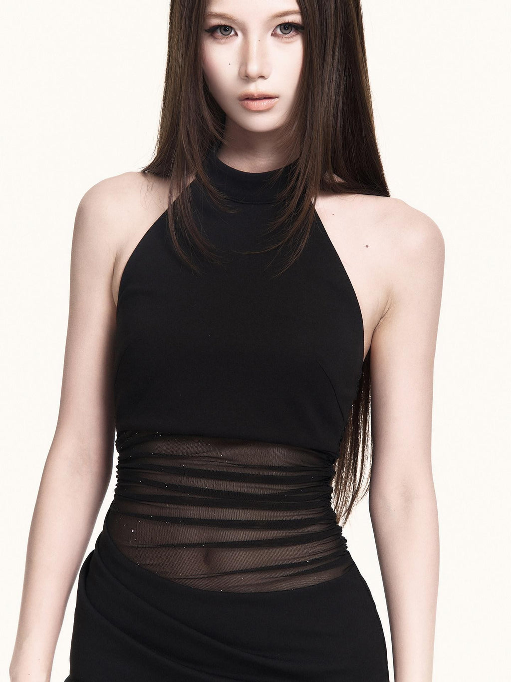 VOCK Mesh Splice Halter Fitted Women's Cotton Blend Knit Bodycon Mini Dresses
