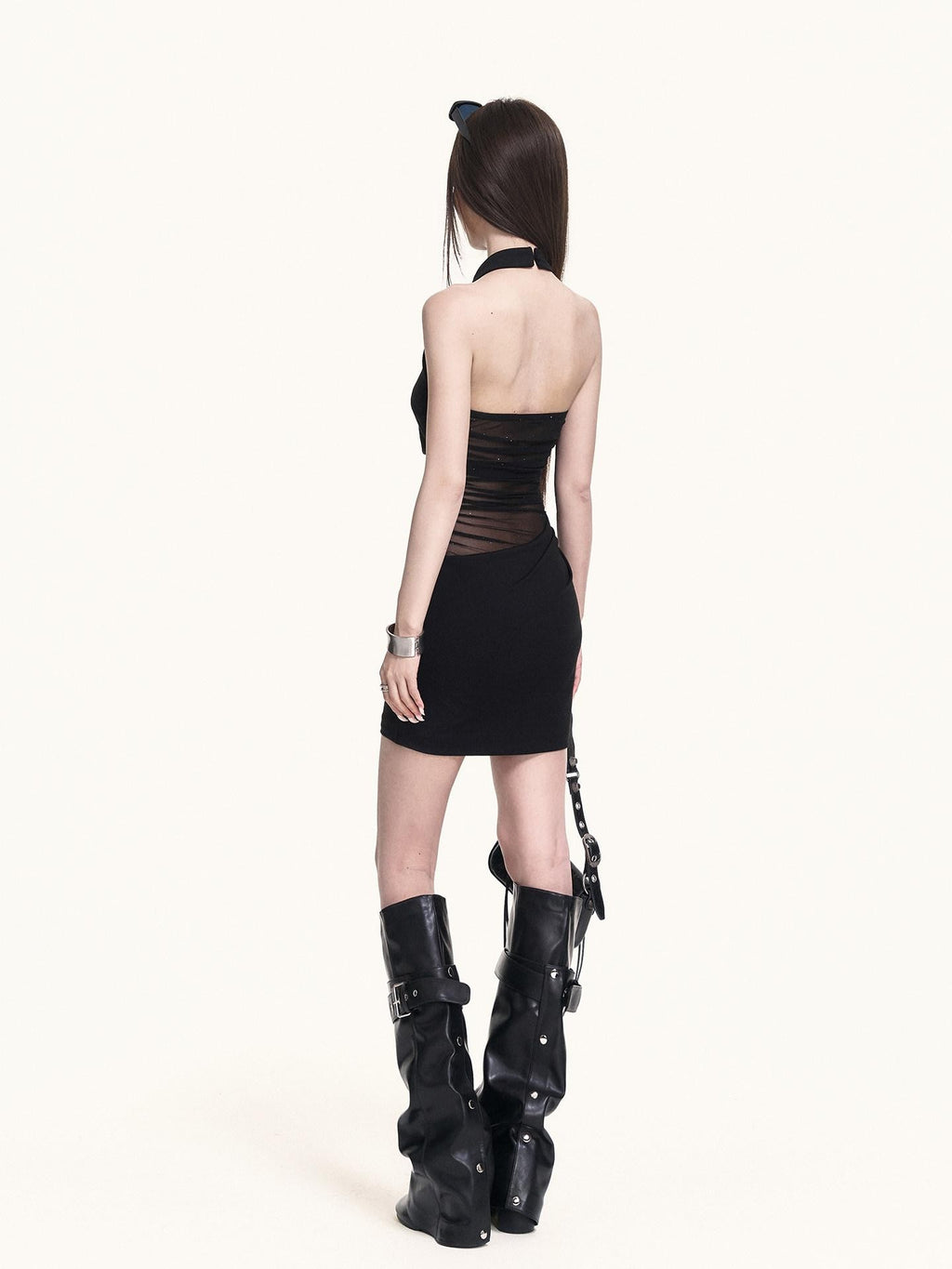 VOCK Mesh Splice Halter Fitted Women's Cotton Blend Knit Bodycon Mini Dresses