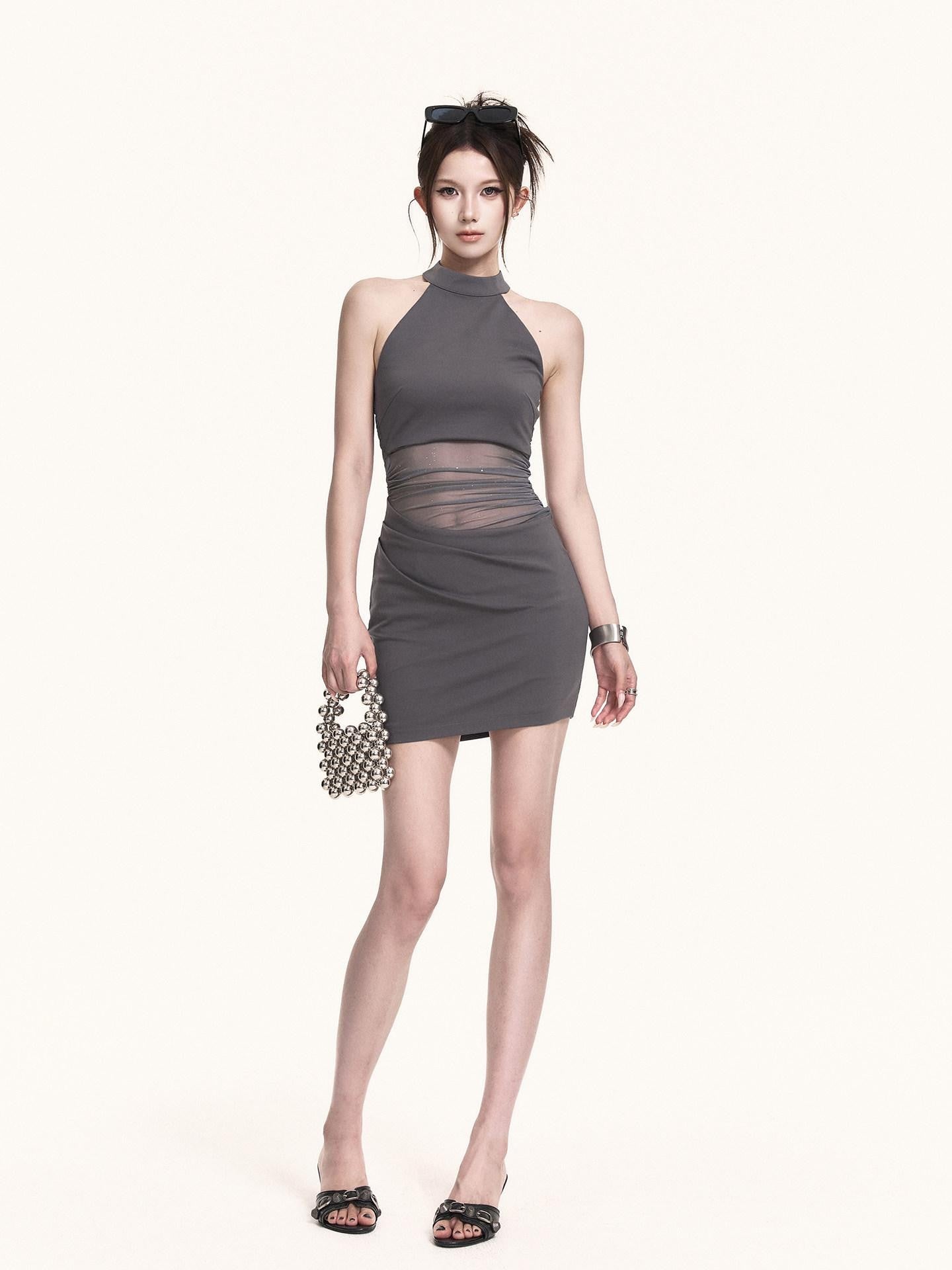 VOCK Mesh Splice Halter Fitted Women's Cotton Blend Knit Bodycon Mini Dresses