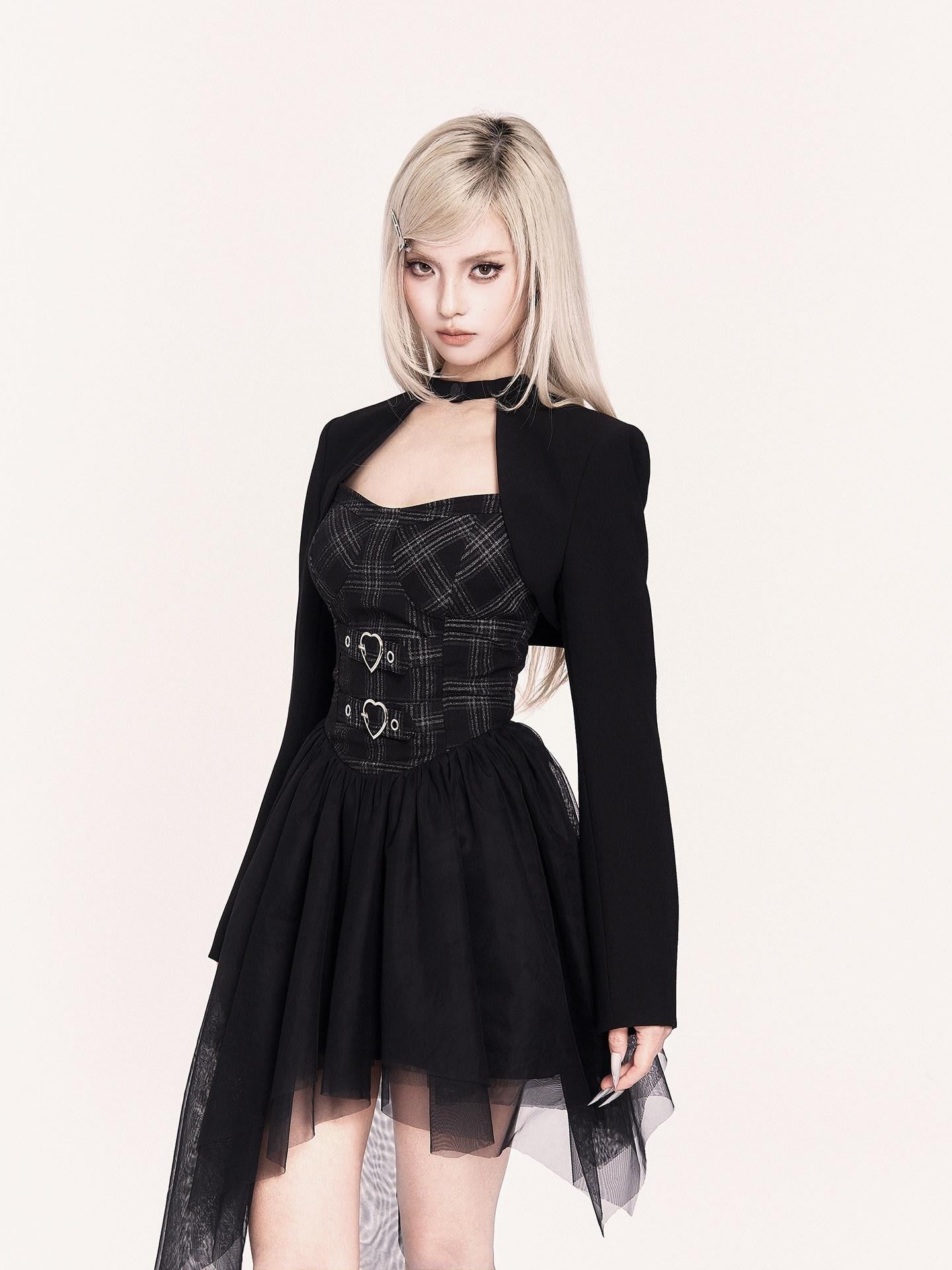 VOCK Mesh Tulle Asymmetrical Puff Two Piece Strapless Women's Slip Mini Dresses