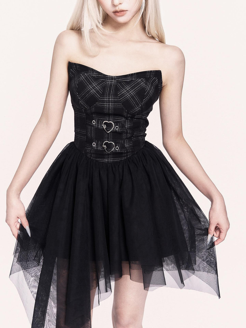 VOCK Mesh Tulle Asymmetrical Puff Two Piece Strapless Women's Slip Mini Dresses