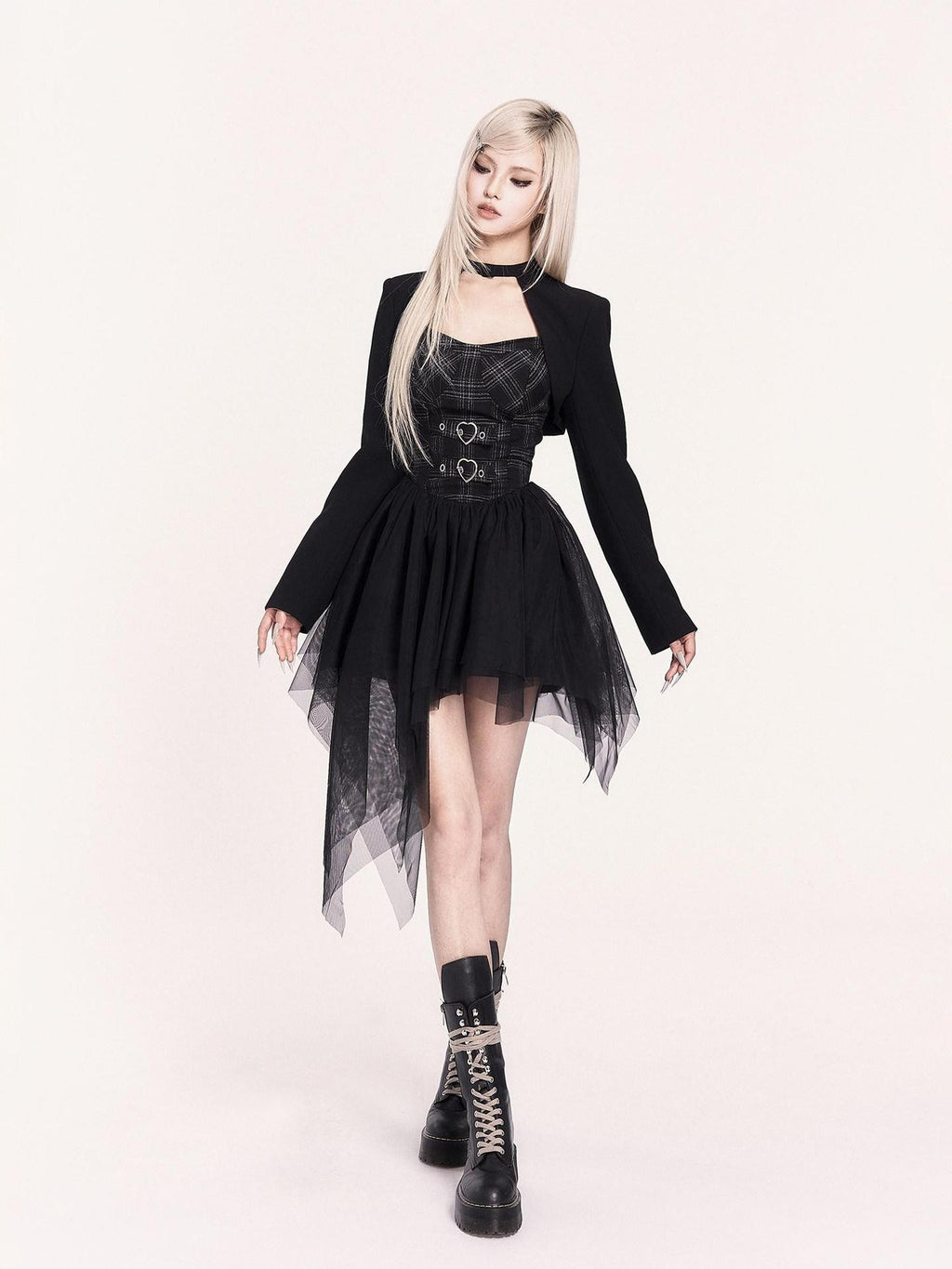 VOCK Mesh Tulle Asymmetrical Puff Two Piece Strapless Women's Slip Mini Dresses