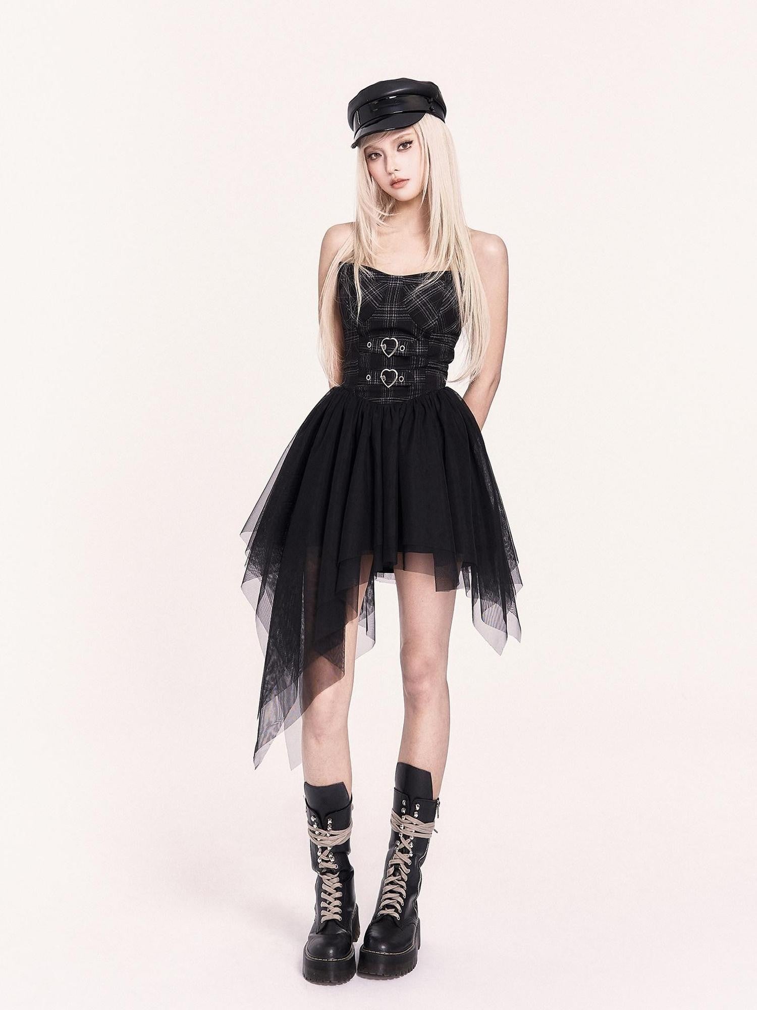 VOCK Mesh Tulle Asymmetrical Puff Two Piece Strapless Women's Slip Mini Dresses