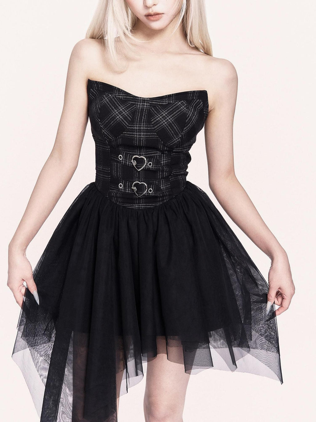 VOCK Mesh Tulle Asymmetrical Puff Two Piece Strapless Women's Slip Mini Dresses