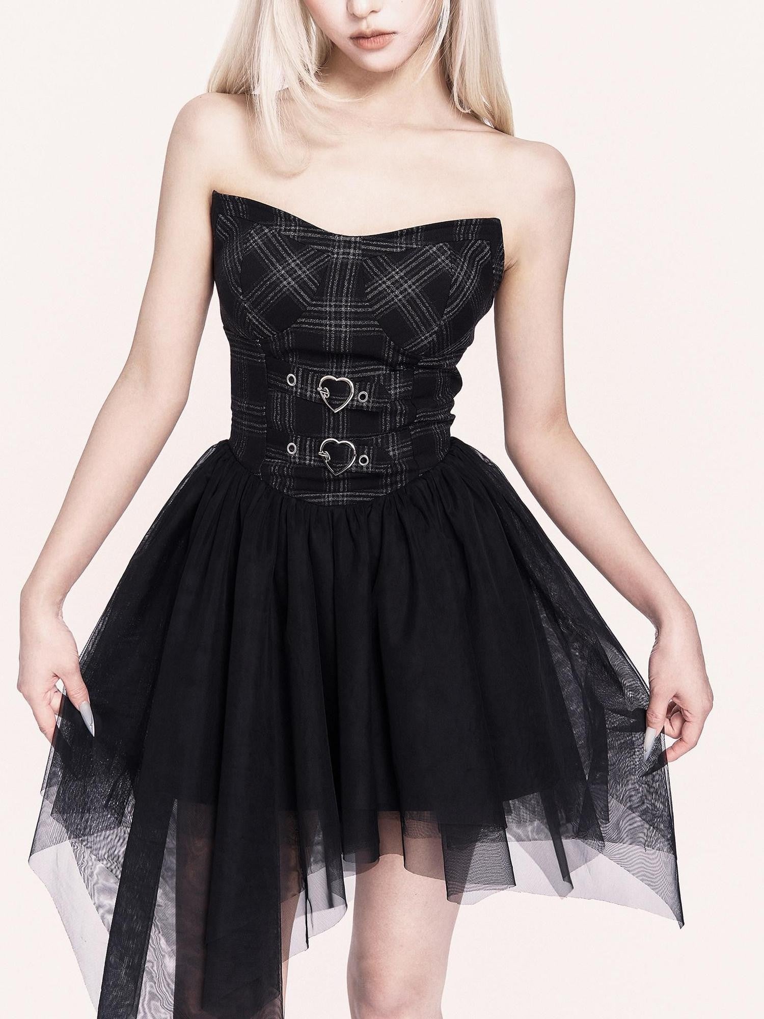 VOCK Mesh Tulle Asymmetrical Puff Two Piece Strapless Women's Slip Mini Dresses