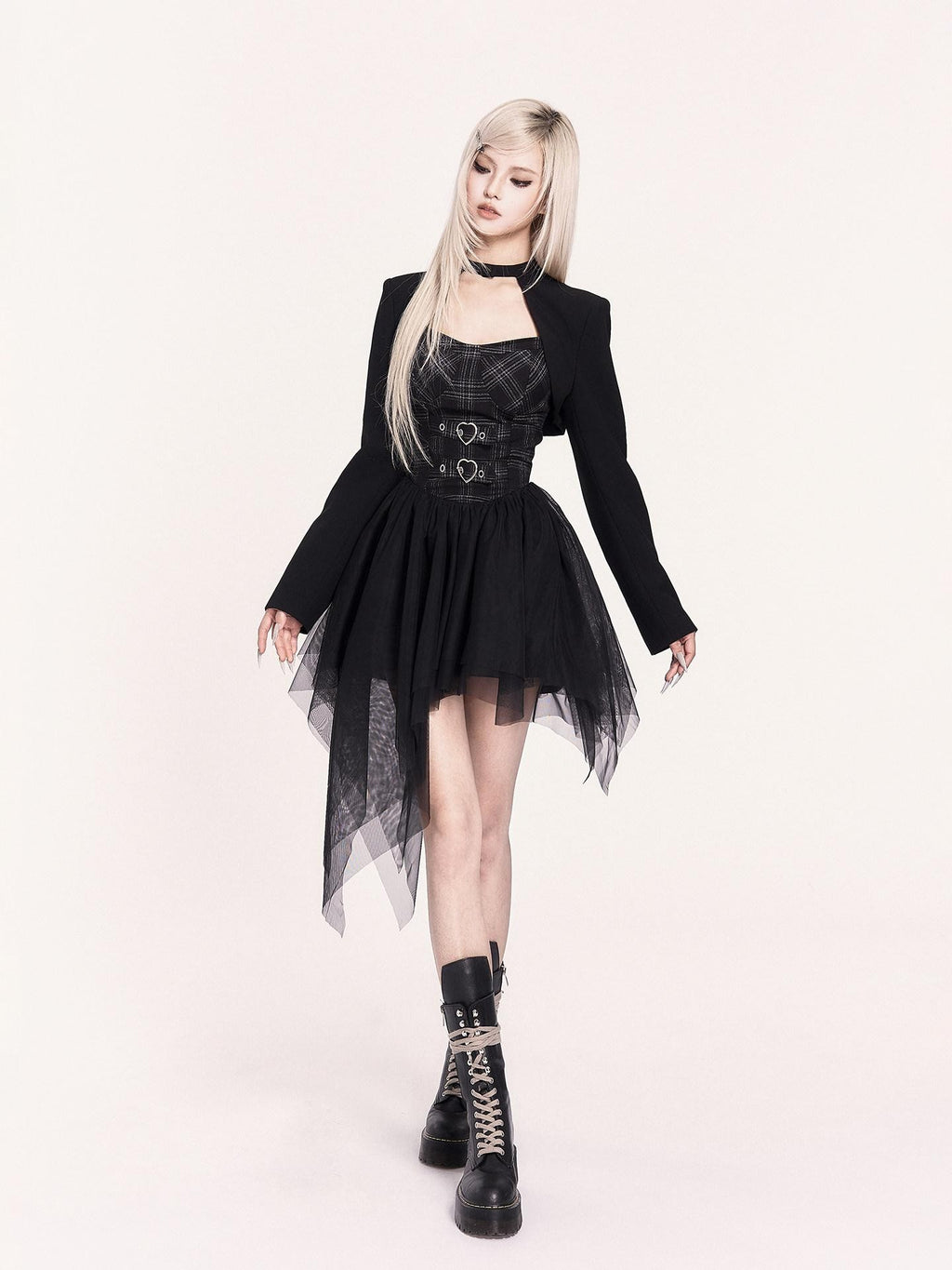 VOCK Mesh Tulle Asymmetrical Puff Two Piece Strapless Women's Slip Mini Dresses