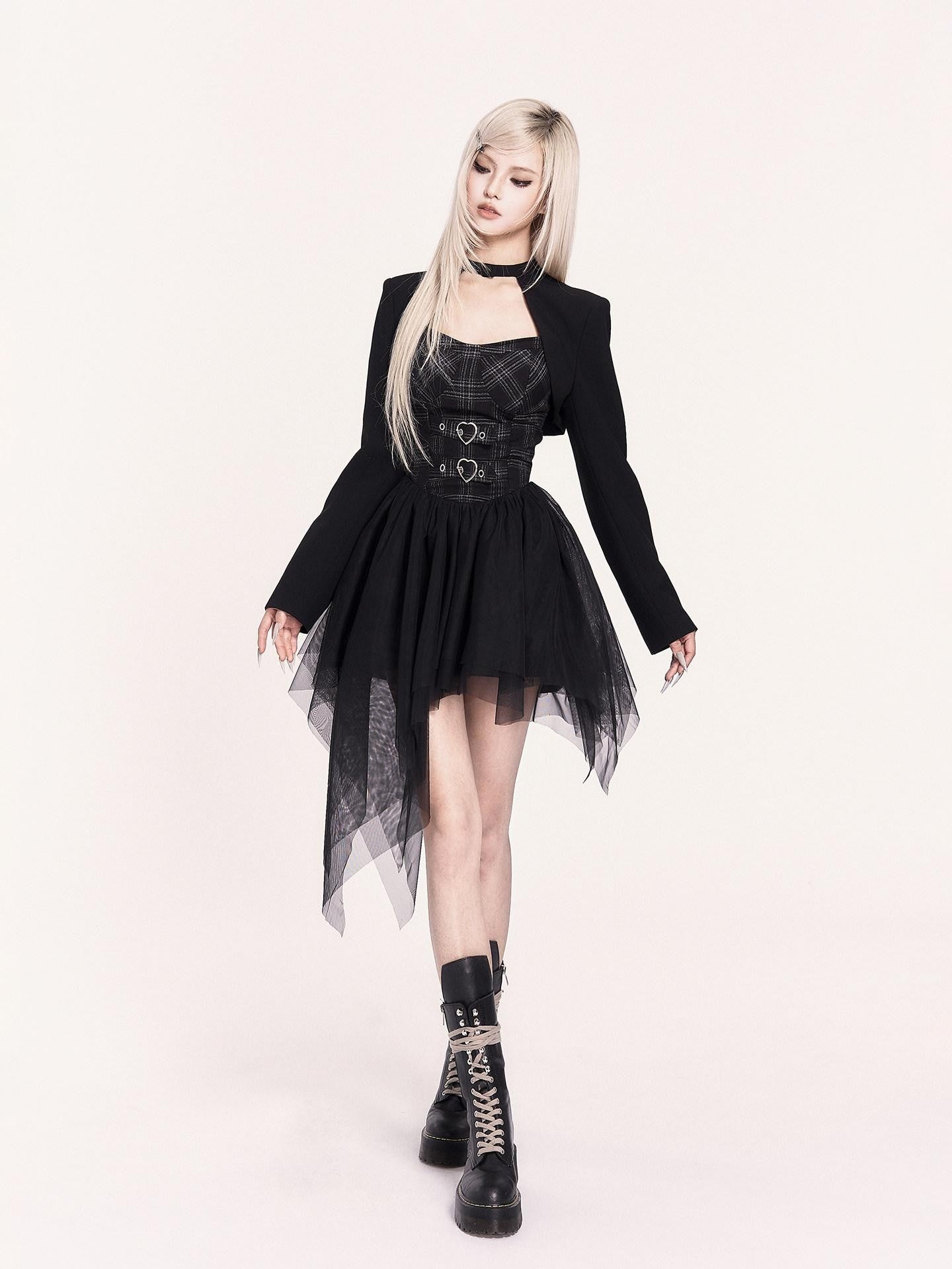 VOCK Mesh Tulle Asymmetrical Puff Two Piece Strapless Women's Slip Mini Dresses
