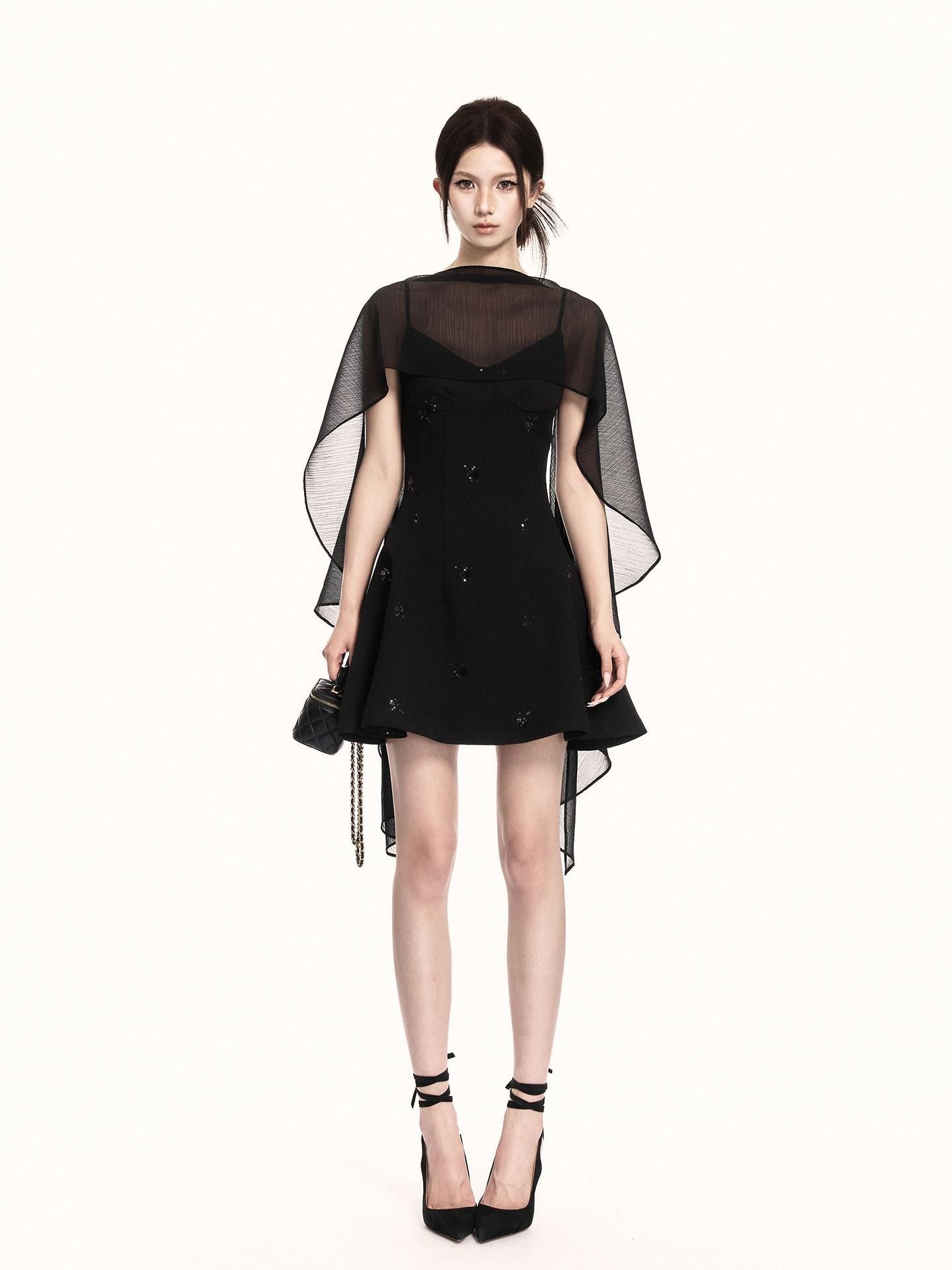 VOCK Midnight Floral Sequin Embroidered Irregular Cape Set Women's Slip Mini Dresses