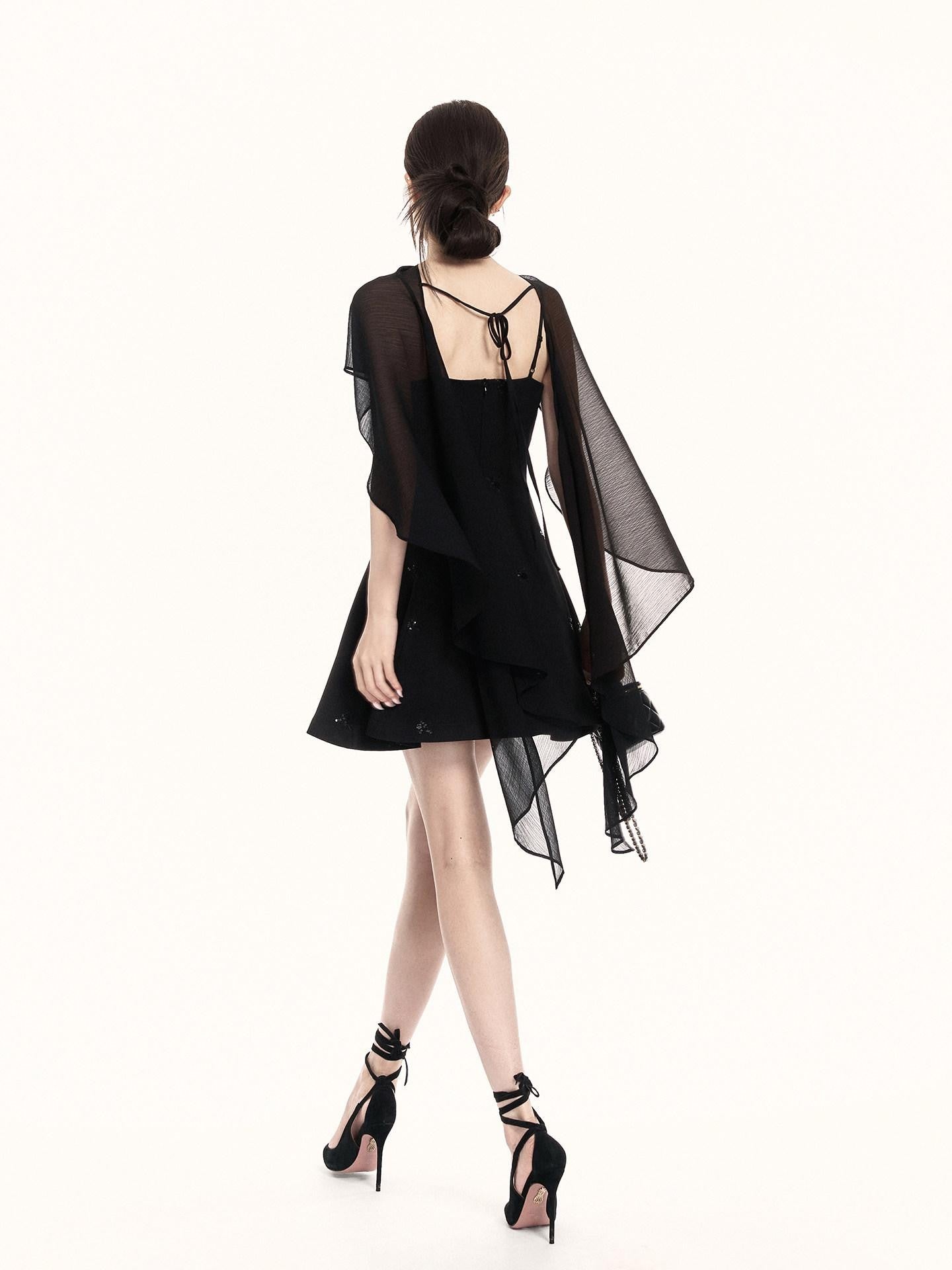 VOCK Midnight Floral Sequin Embroidered Irregular Cape Set Women's Slip Mini Dresses