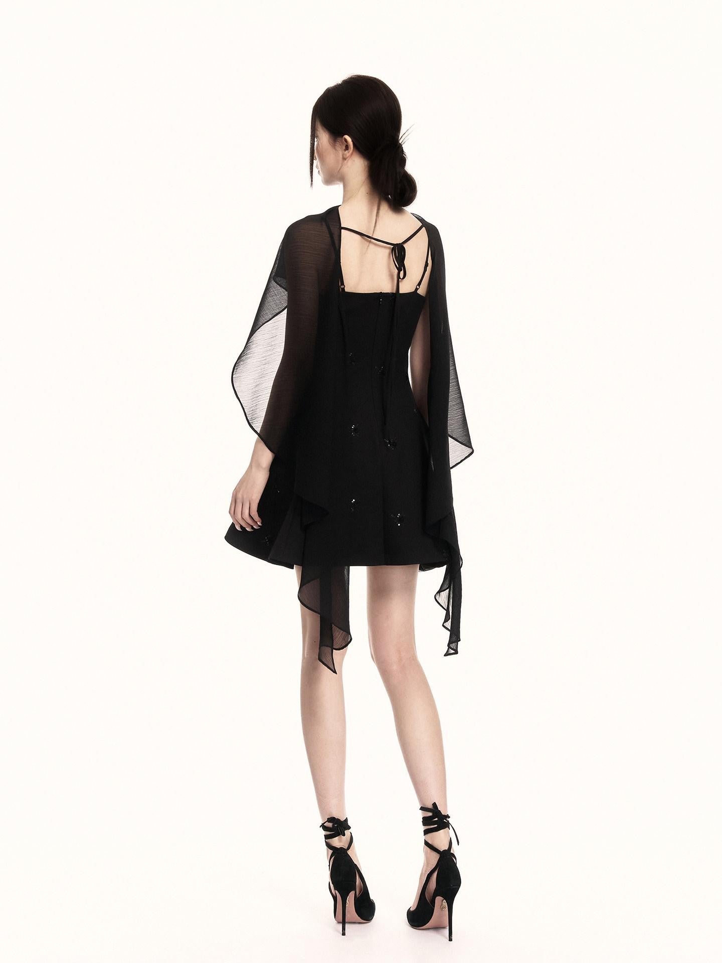 VOCK Midnight Floral Sequin Embroidered Irregular Cape Set Women's Slip Mini Dresses