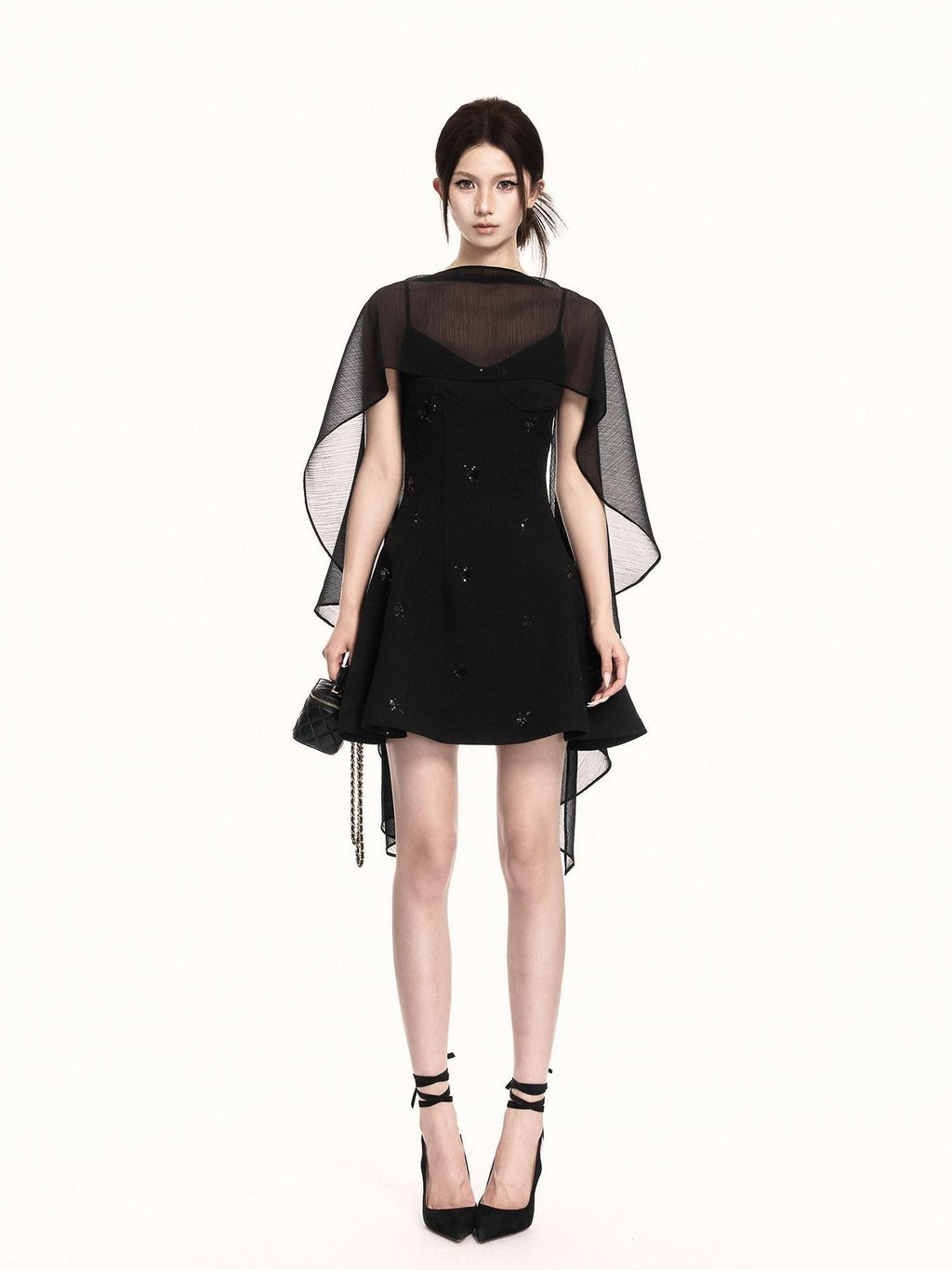 VOCK Midnight Floral Sequin Embroidered Irregular Cape Set Women's Slip Mini Dresses