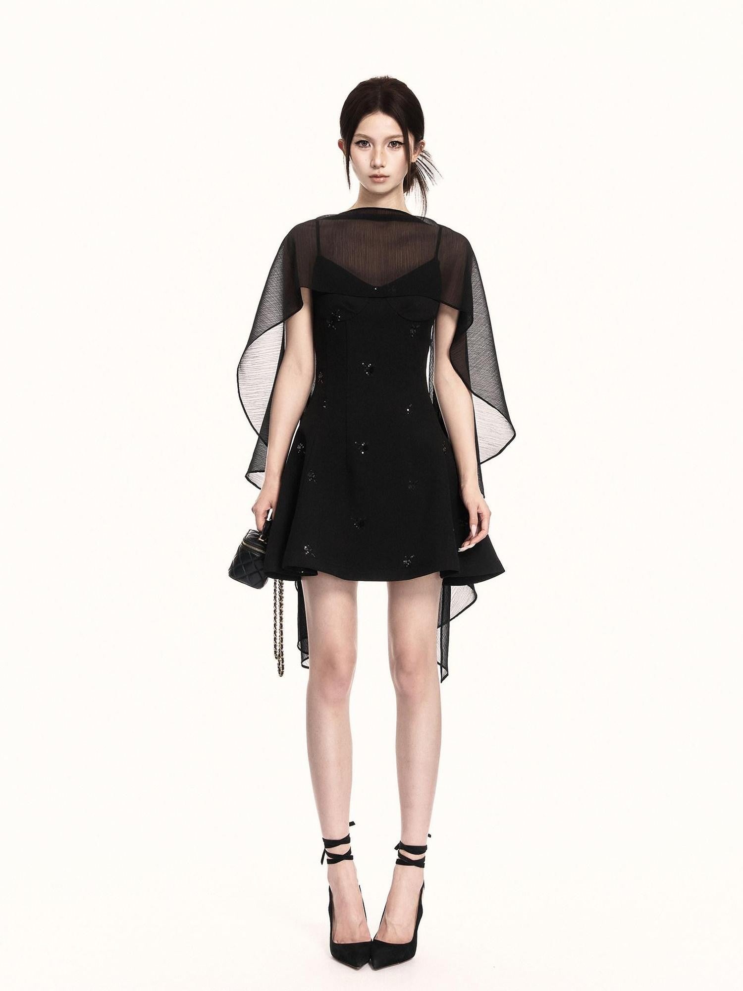VOCK Midnight Floral Sequin Embroidered Irregular Cape Set Women's Slip Mini Dresses