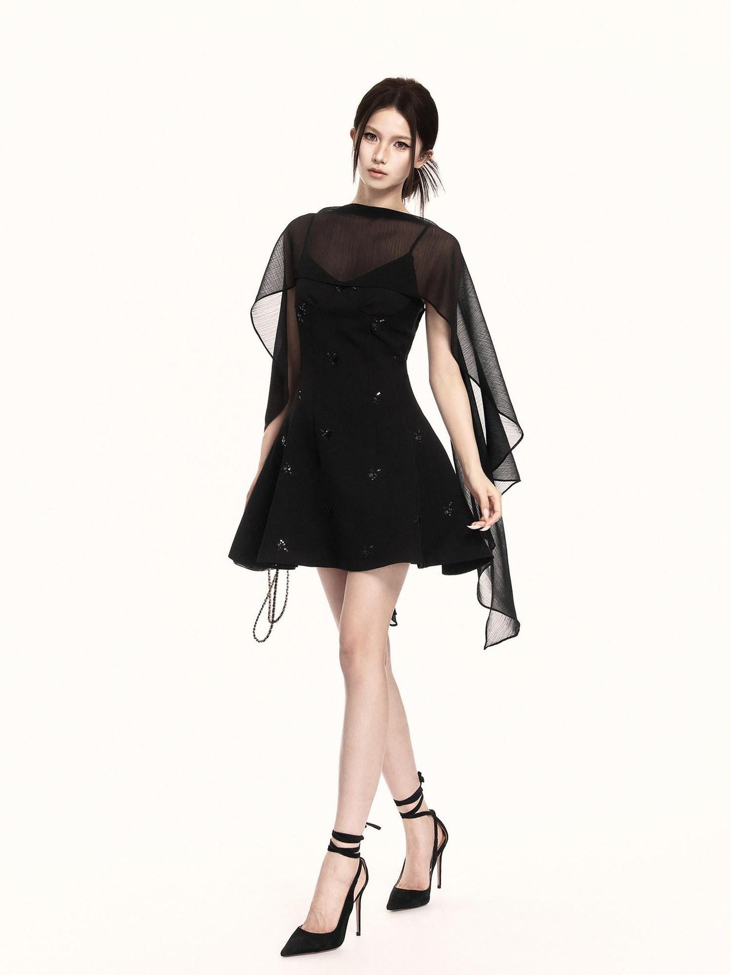 VOCK Midnight Floral Sequin Embroidered Irregular Cape Set Women's Slip Mini Dresses