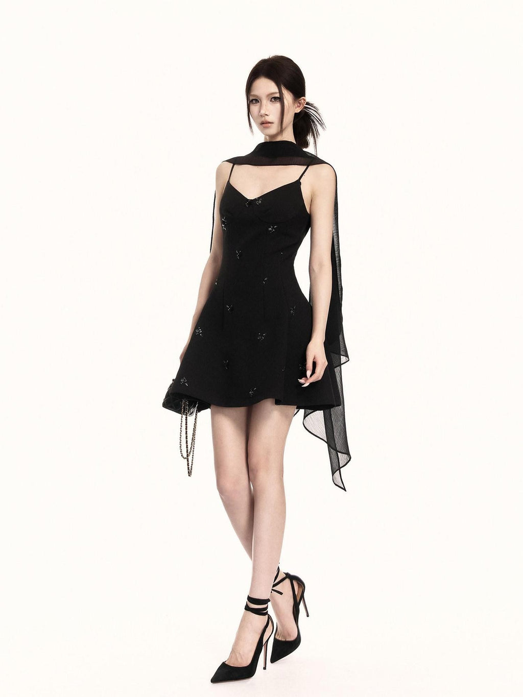 VOCK Midnight Floral Sequin Embroidered Irregular Cape Set Women's Slip Mini Dresses