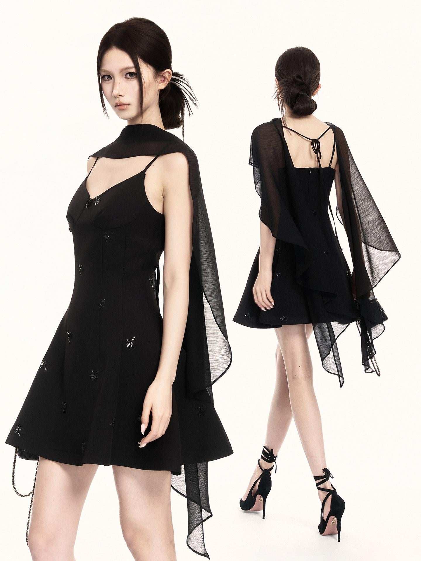 VOCK Midnight Floral Sequin Embroidered Irregular Cape Set Women's Slip Mini Dresses