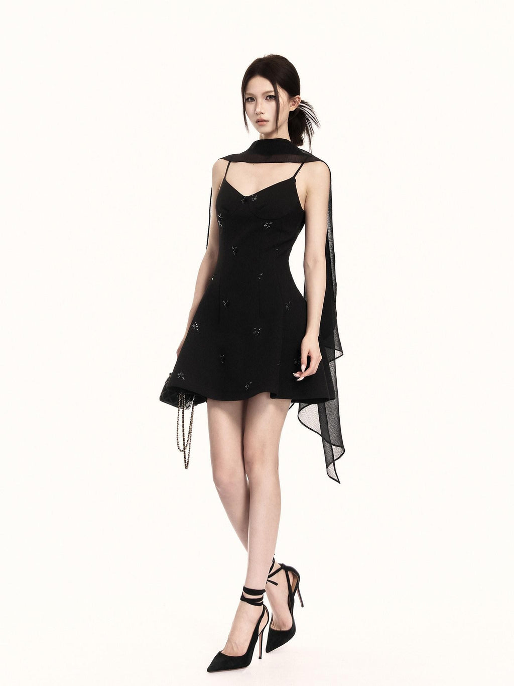 VOCK Midnight Floral Sequin Embroidered Irregular Cape Set Women's Slip Mini Dresses