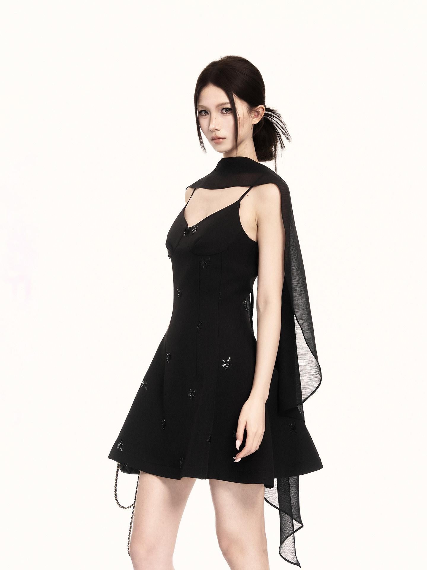 VOCK Midnight Floral Sequin Embroidered Irregular Cape Set Women's Slip Mini Dresses