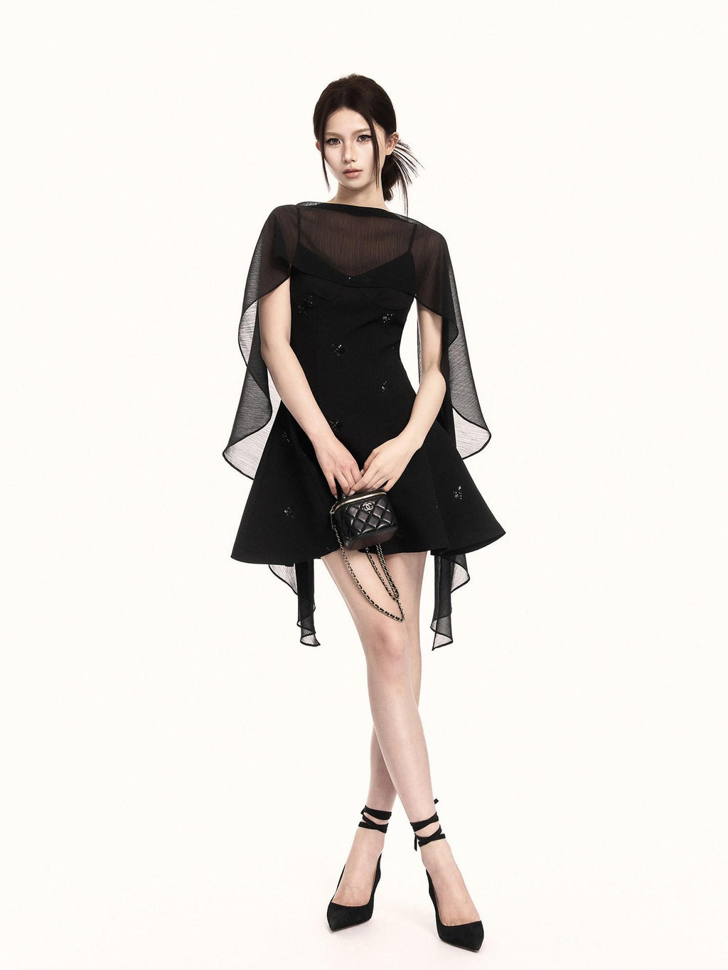 VOCK Midnight Floral Sequin Embroidered Irregular Cape Set Women's Slip Mini Dresses