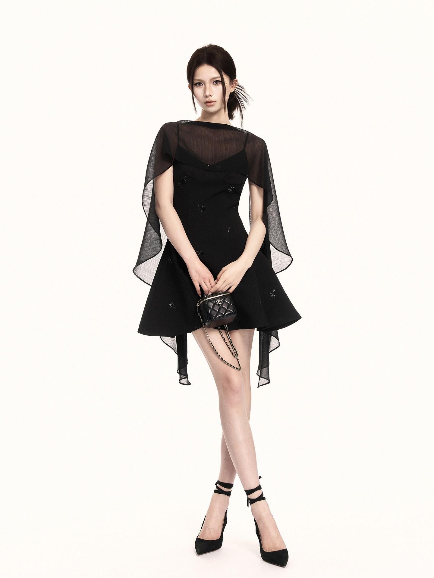 VOCK Midnight Floral Sequin Embroidered Irregular Cape Set Women's Slip Mini Dresses