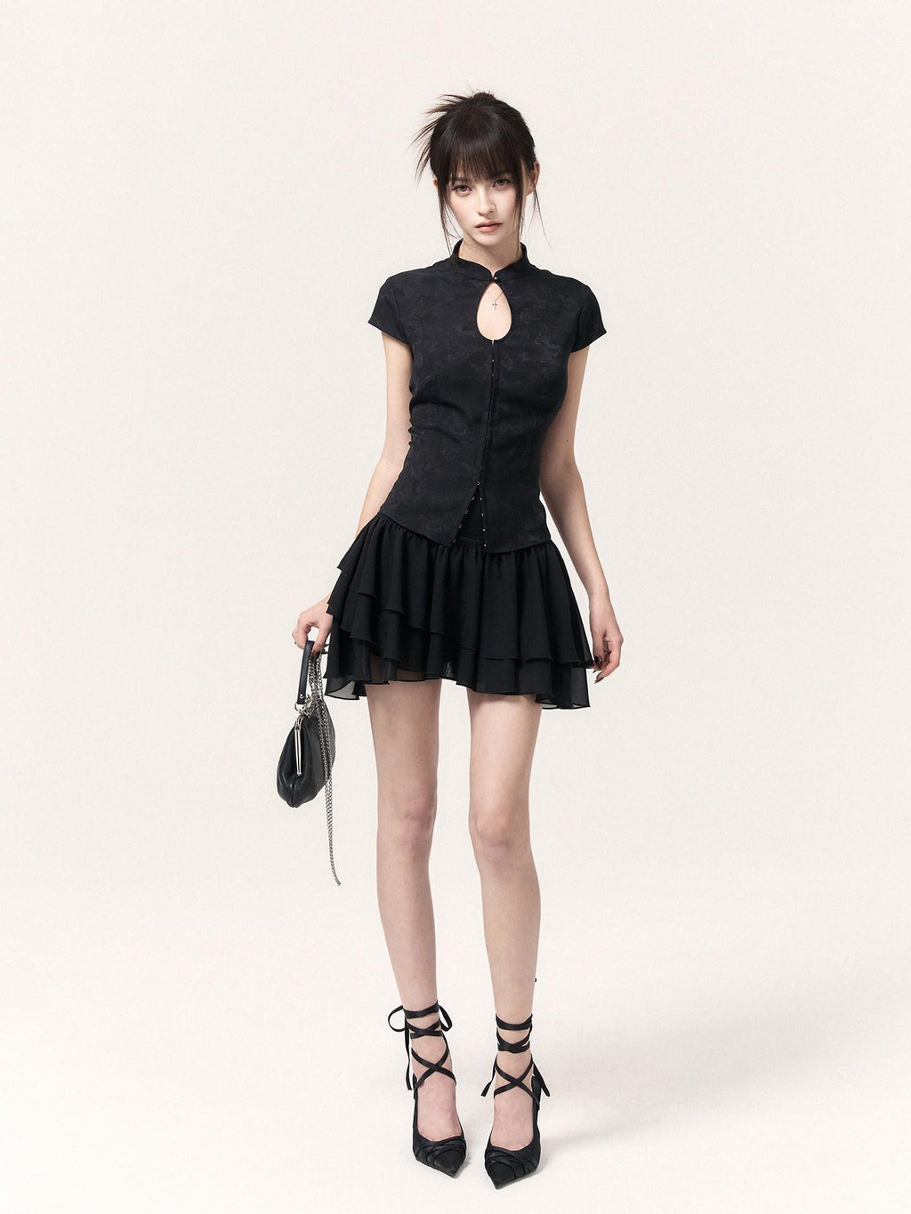 VOCK Misty Asymmetric Jacquard Lace Stand Collar Women's Chiffon Matching Skirt Sets