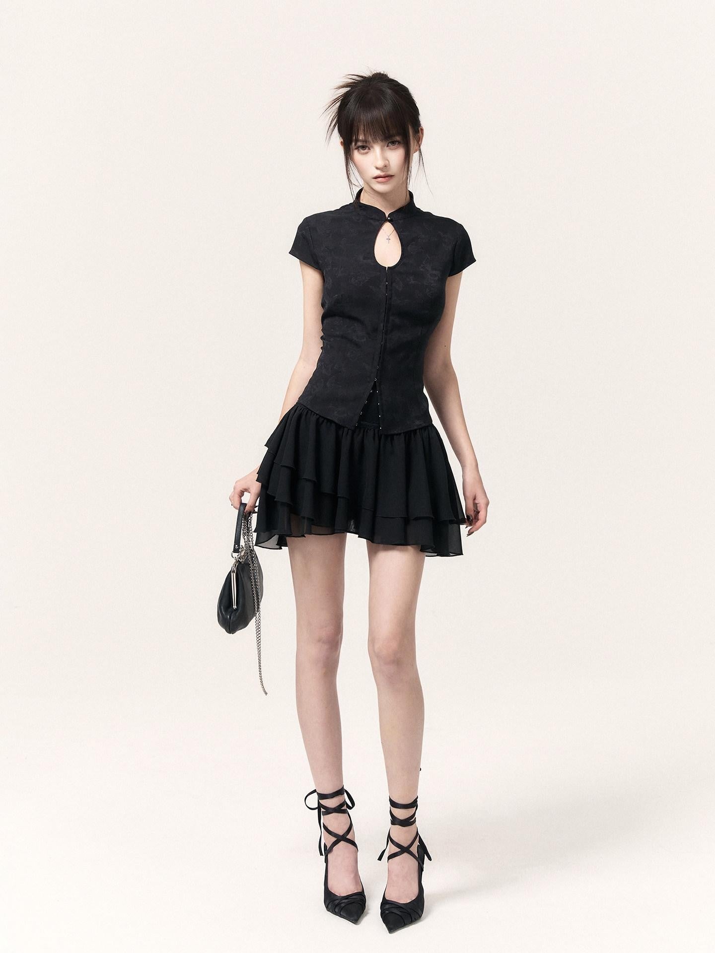VOCK Misty Asymmetric Jacquard Lace Stand Collar Women's Chiffon Matching Skirt Sets