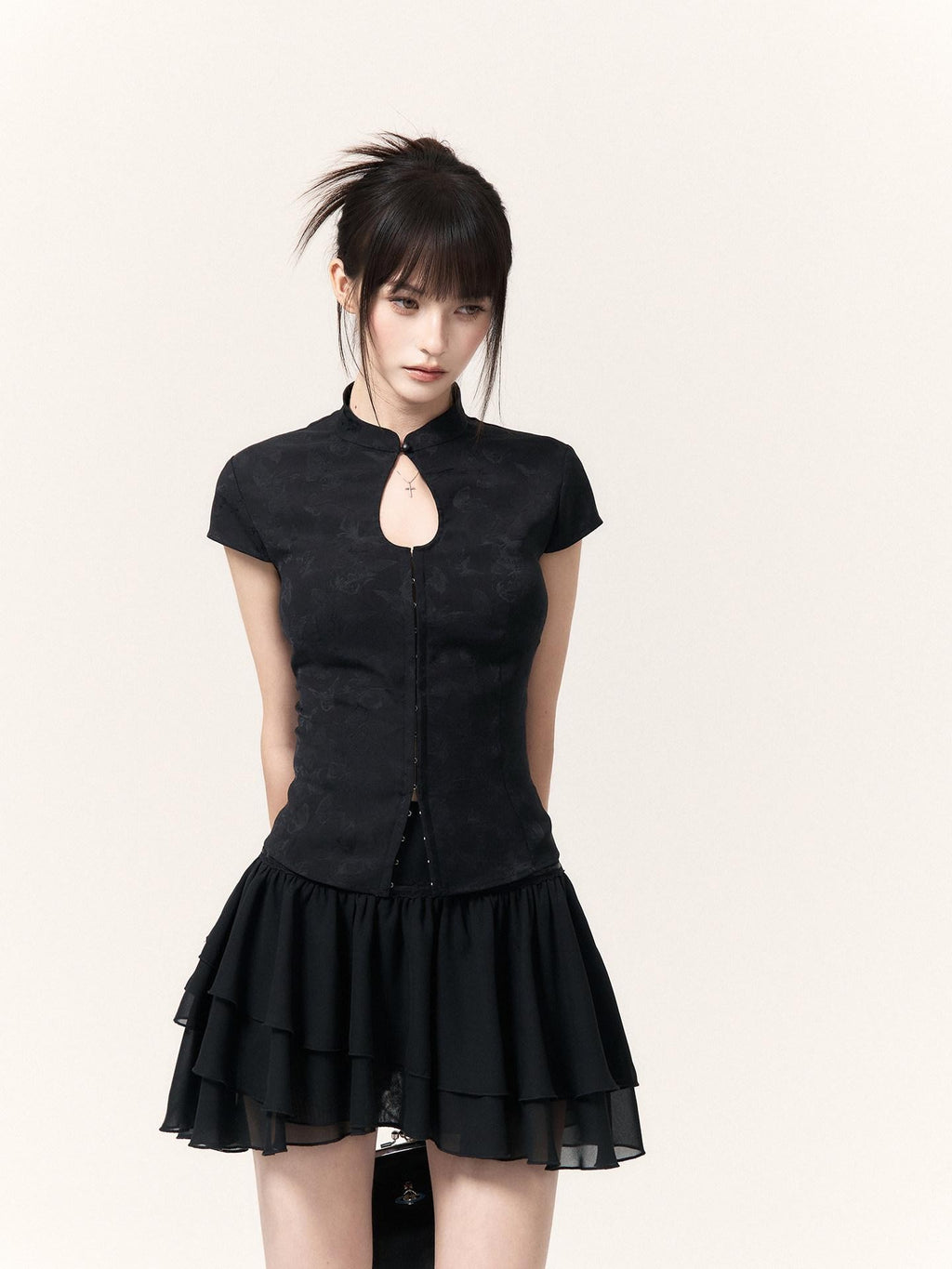 VOCK Misty Asymmetric Jacquard Lace Stand Collar Women's Chiffon Matching Skirt Sets
