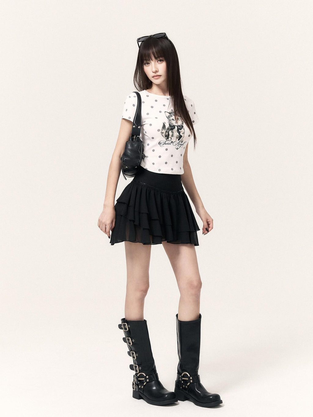 VOCK Misty Asymmetric Jacquard Lace Stand Collar Women's Chiffon Matching Skirt Sets