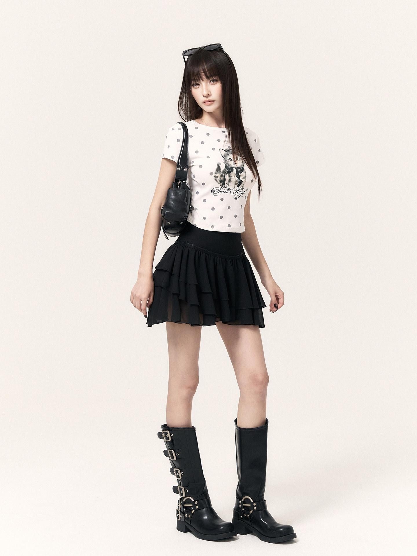 VOCK Misty Asymmetric Jacquard Lace Stand Collar Women's Chiffon Matching Skirt Sets