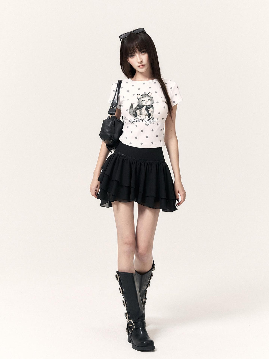 VOCK Misty Asymmetric Jacquard Lace Stand Collar Women's Chiffon Matching Skirt Sets