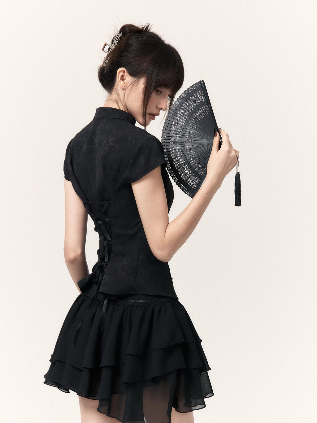 VOCK Misty Asymmetric Jacquard Lace Stand Collar Women's Chiffon Matching Skirt Sets