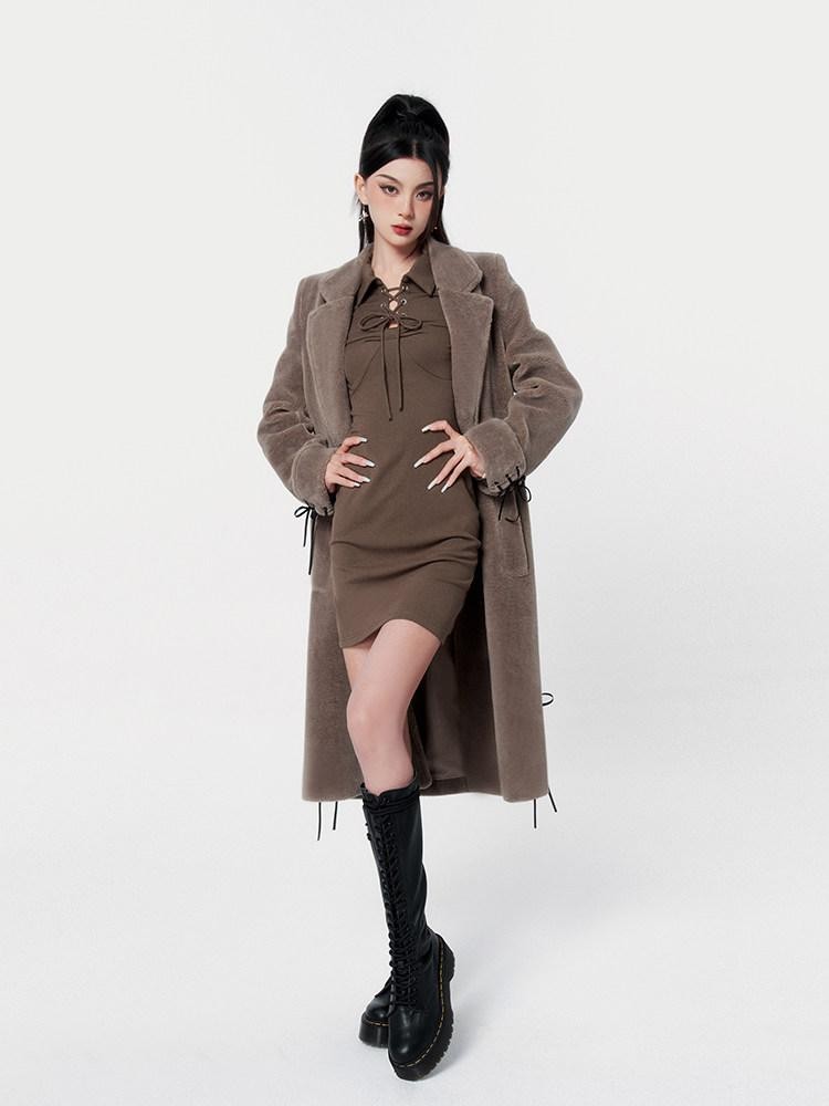 VOCK Mocha Brown Shearling Belted Double Breasted Women's Polyester Long Coats
