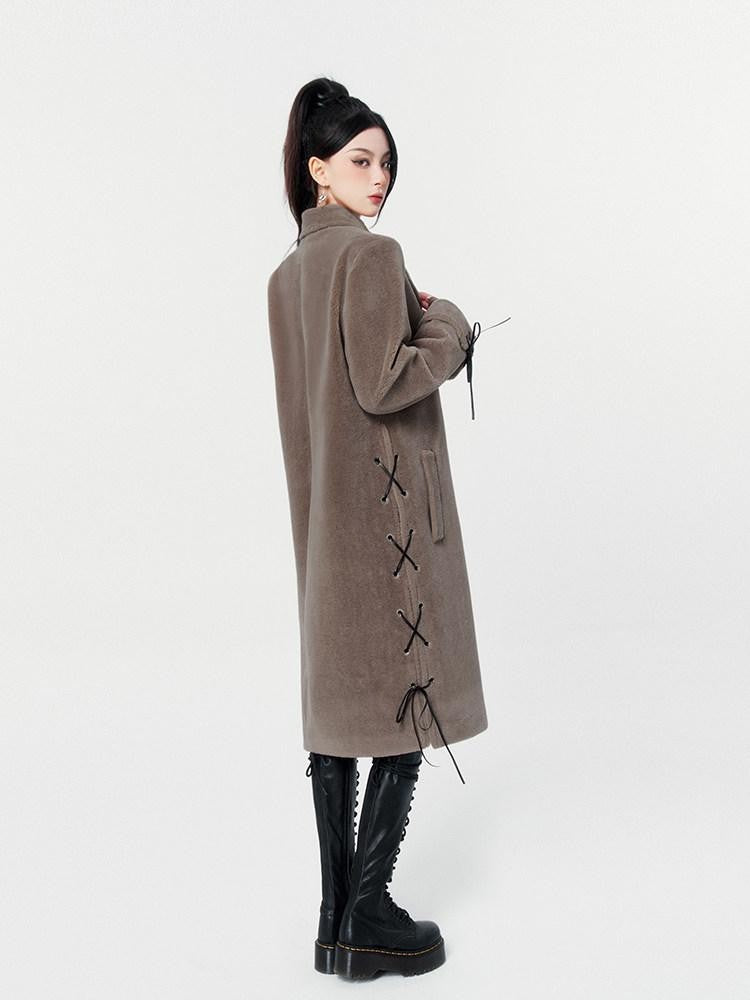 VOCK Mocha Brown Shearling Belted Double Breasted Women's Polyester Long Coats