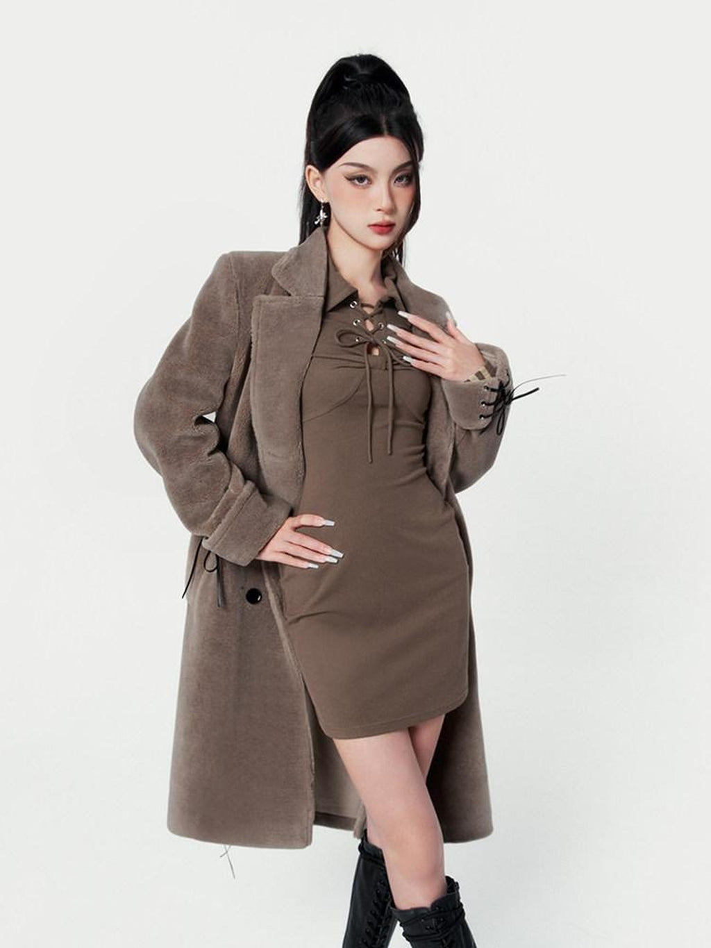 VOCK Mocha Brown Shearling Belted Double Breasted Women's Polyester Long Coats
