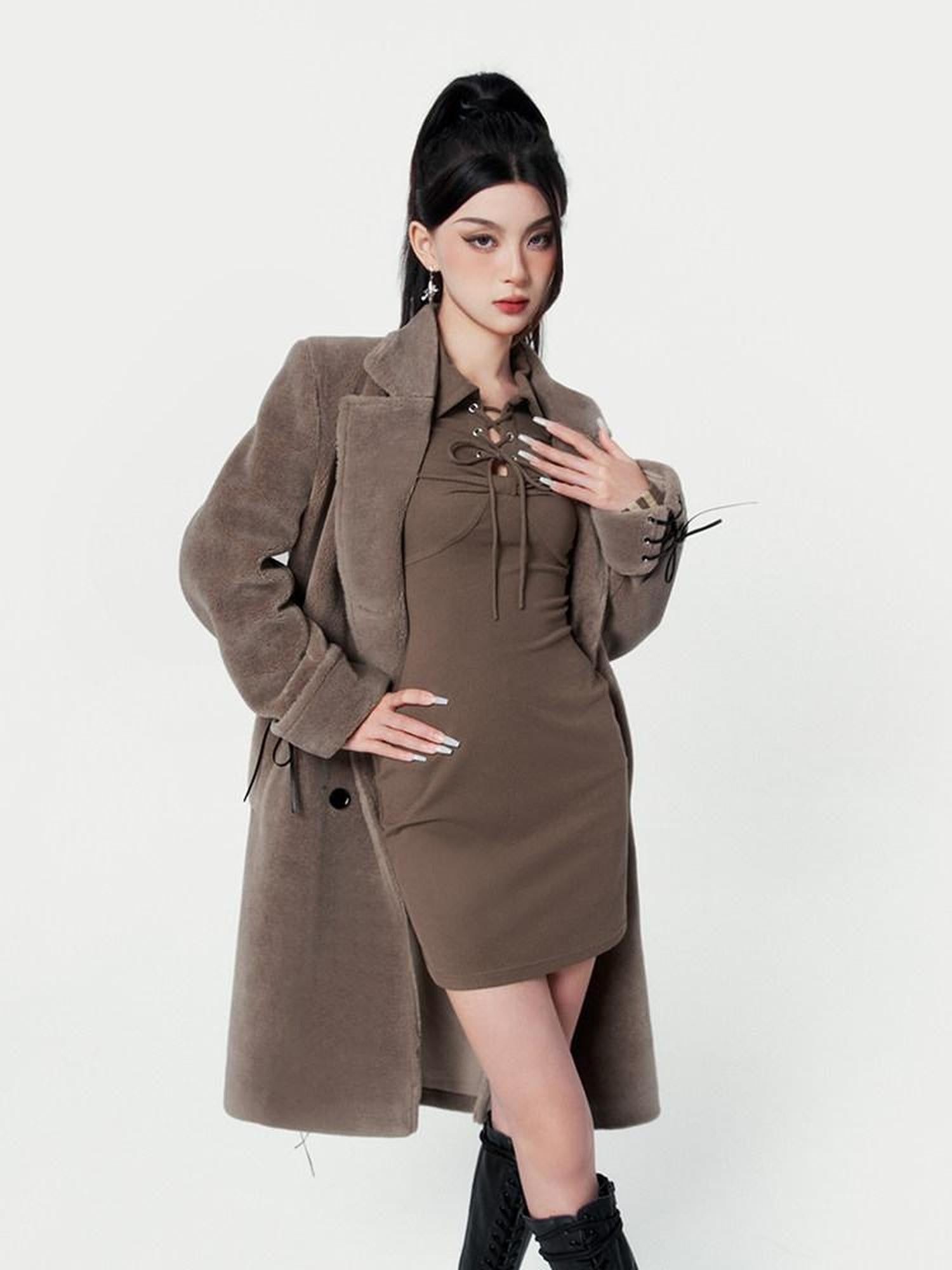 VOCK Mocha Brown Shearling Belted Double Breasted Women's Polyester Long Coats