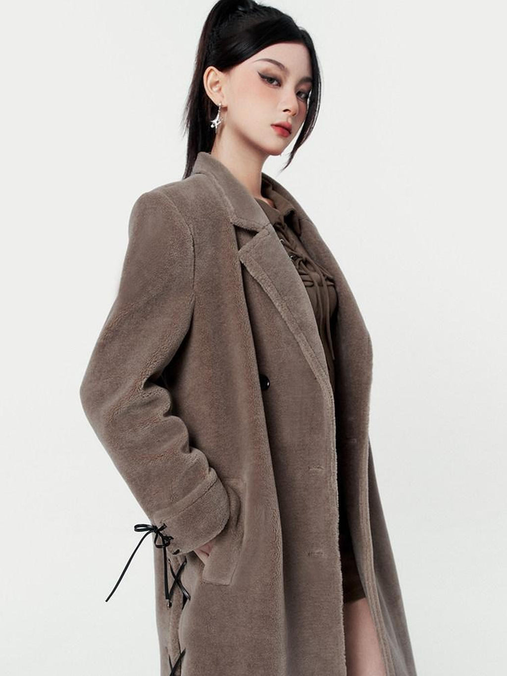 VOCK Mocha Brown Shearling Belted Double Breasted Women's Polyester Long Coats