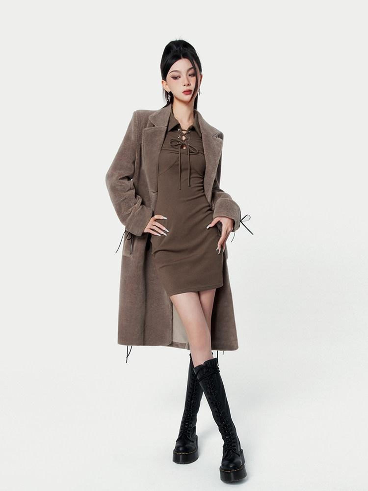 VOCK Mocha Brown Shearling Belted Double Breasted Women's Polyester Long Coats