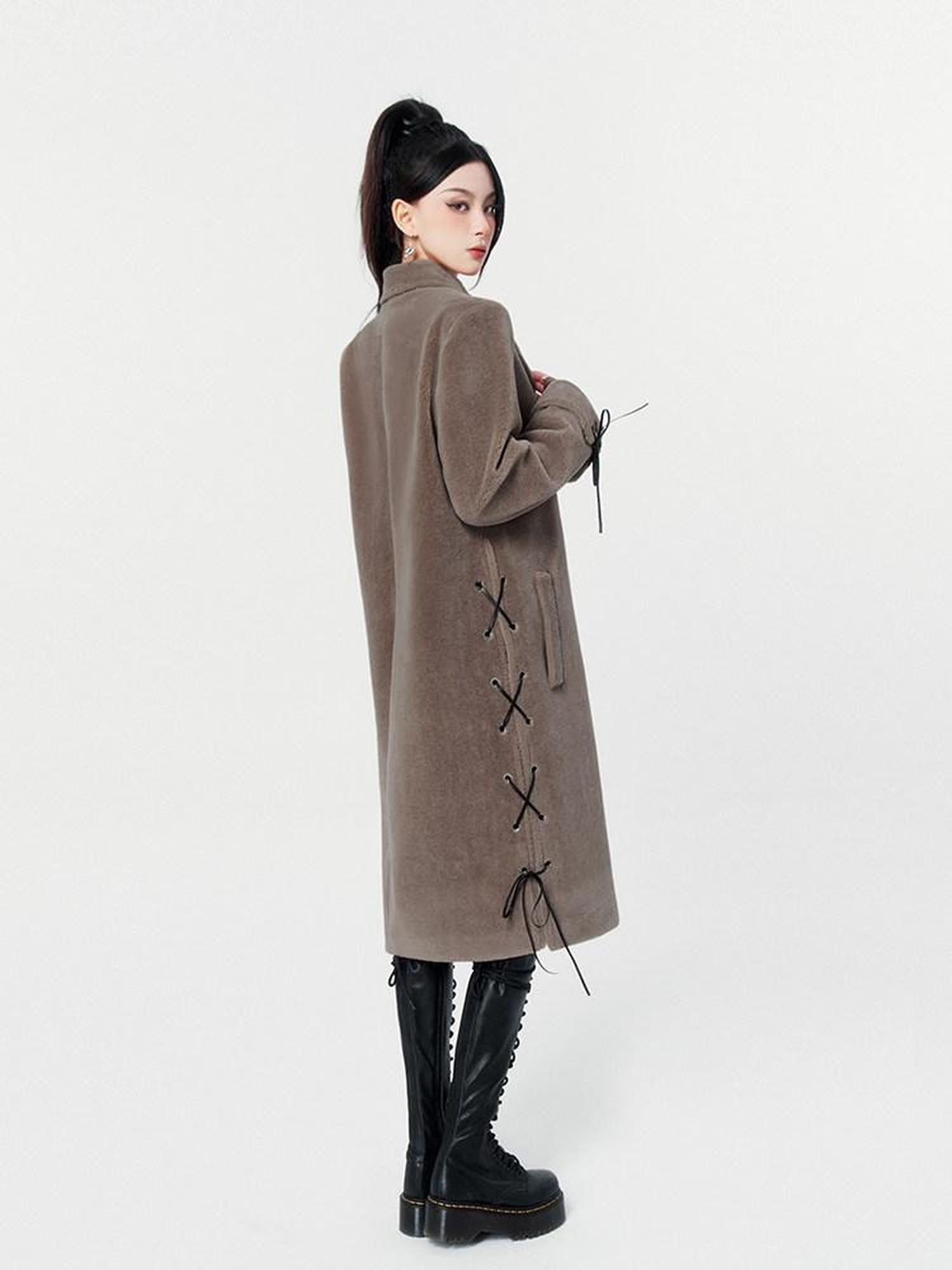 VOCK Mocha Brown Shearling Belted Double Breasted Women's Polyester Long Coats