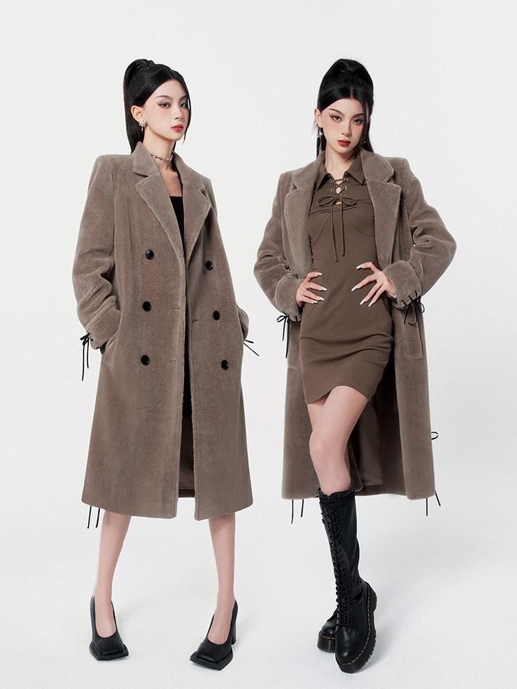 VOCK Mocha Brown Shearling Belted Double Breasted Women's Polyester Long Coats