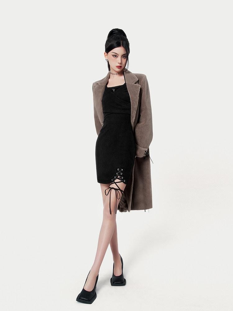 VOCK Mocha Brown Shearling Belted Double Breasted Women's Polyester Long Coats